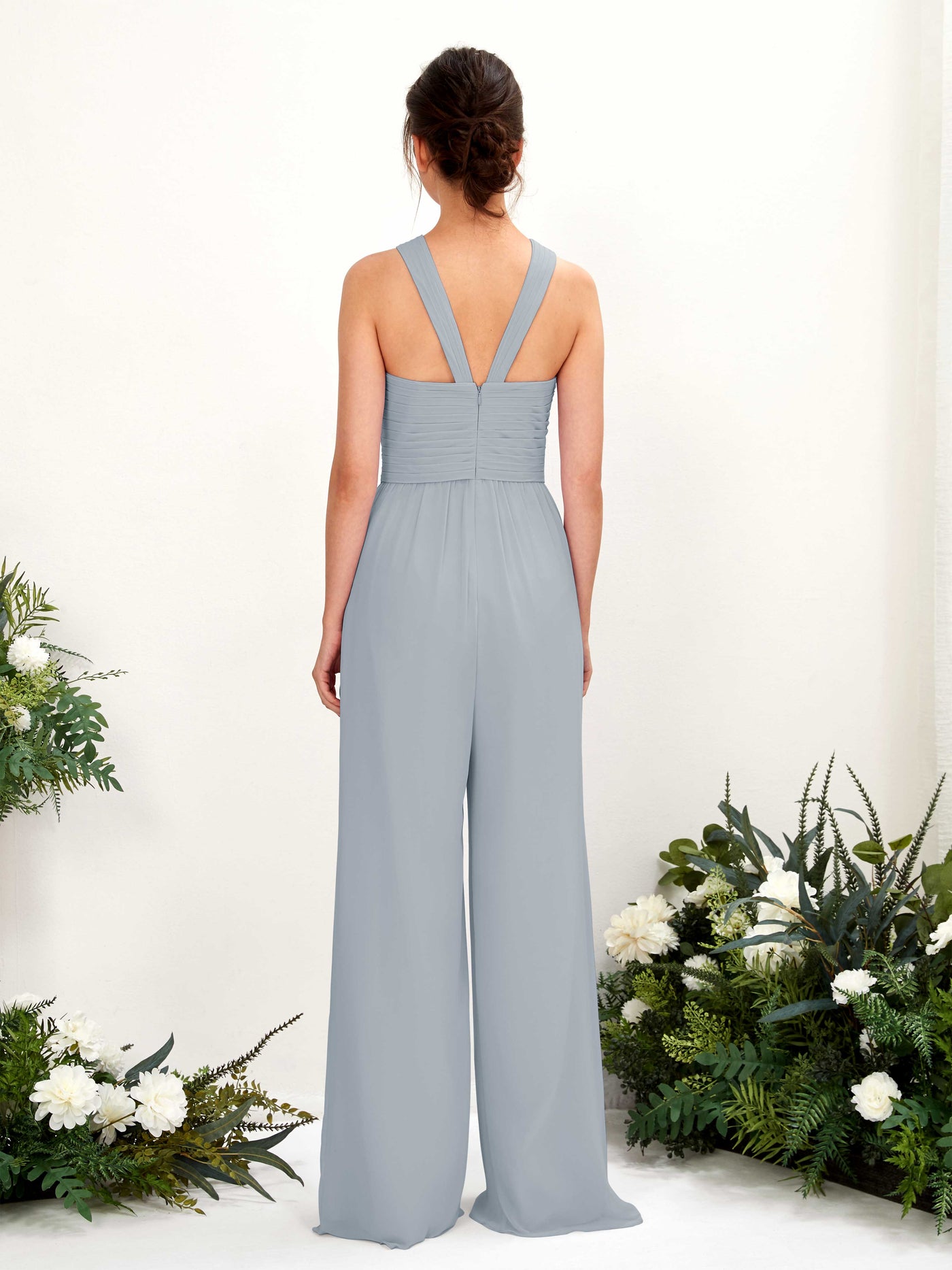 Carlyna Combinaison Encolure croisée Longueur ras du sol Mousseline froncé Robes de demoiselle d'honneur Bleu Poussiéreux Amélioré #couleur_bleu-poussi-reux-am-lior