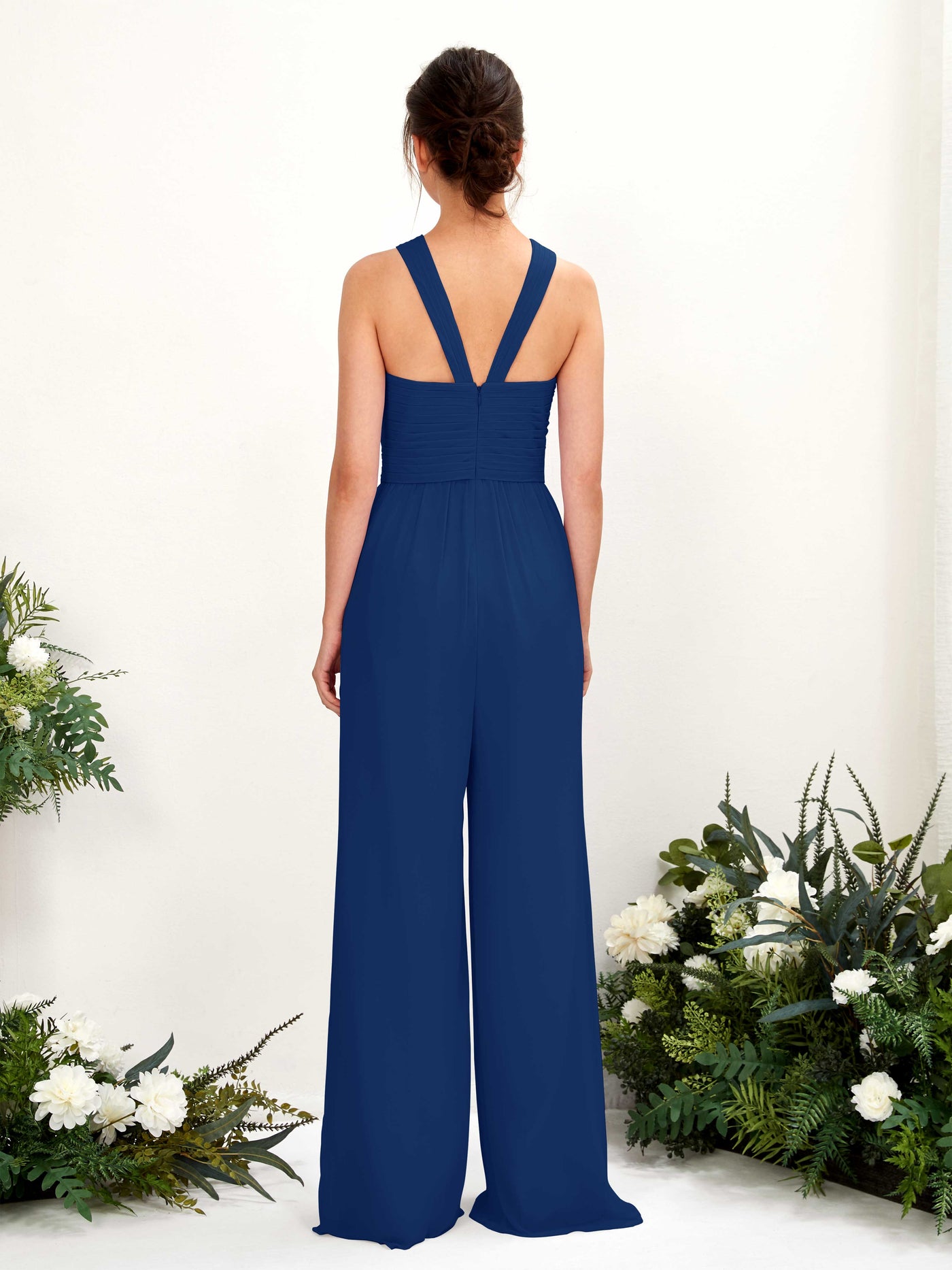 Carlyna Combinaison Encolure croisée Longueur ras du sol Mousseline froncé Robes de demoiselle d'honneur Bleu Roi #couleur_bleu-roi
