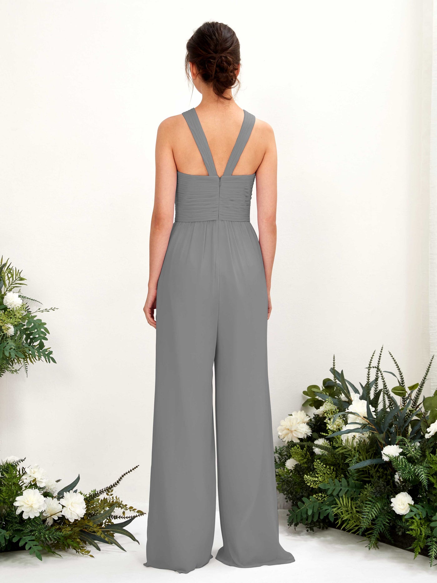 Carlyna Combinaison Encolure croisée Longueur ras du sol Mousseline froncé Robes de demoiselle d'honneur Gris Acier #couleur_gris-acier