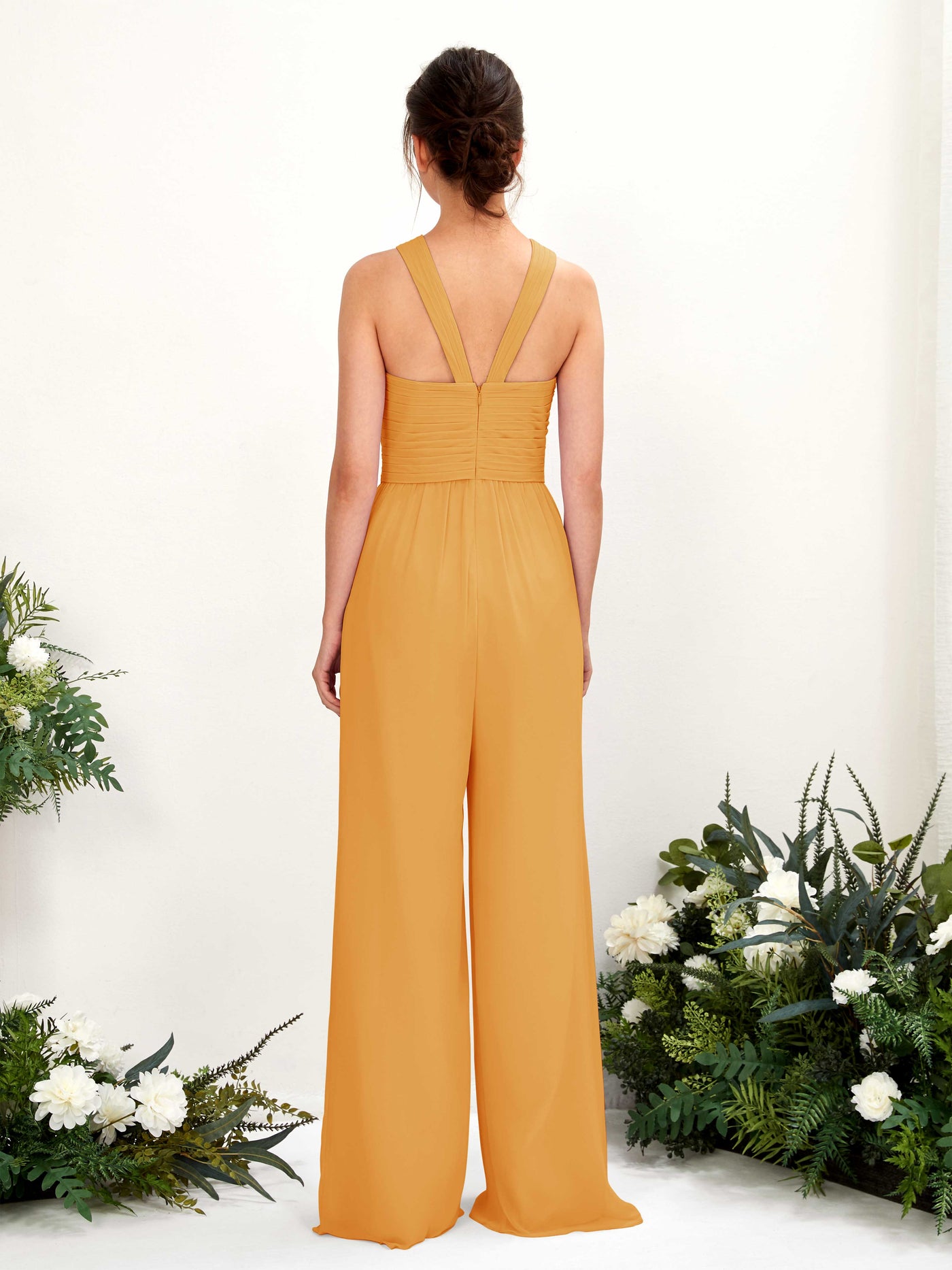 Carlyna Combinaison Encolure croisée Longueur ras du sol Mousseline froncé Robes de demoiselle d'honneur Mangue #couleur_mangue