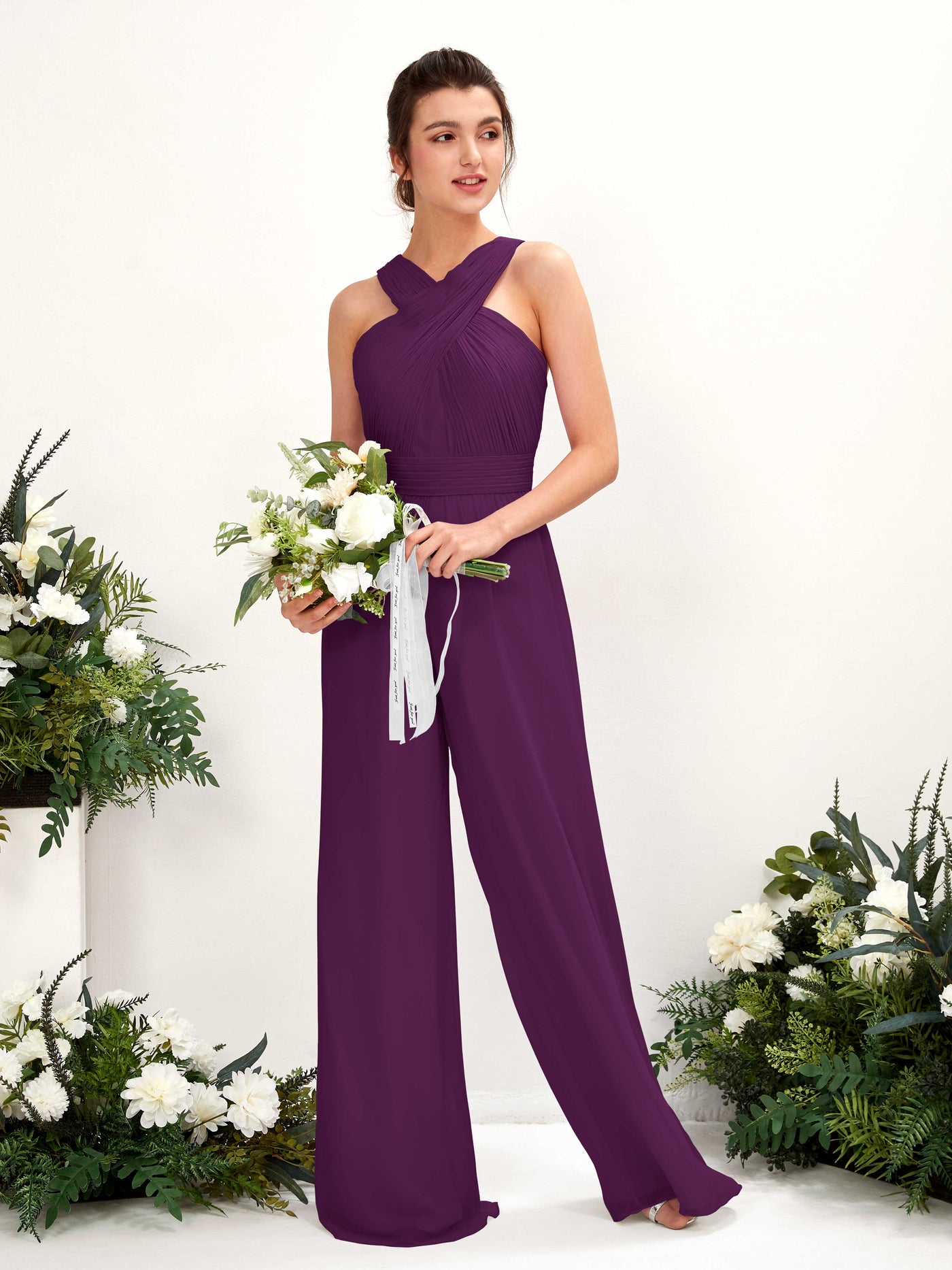 Carlyna Combinaison Encolure croisée Longueur ras du sol Mousseline froncé Robes de demoiselle d'honneur Pourpre #couleur_pourpre