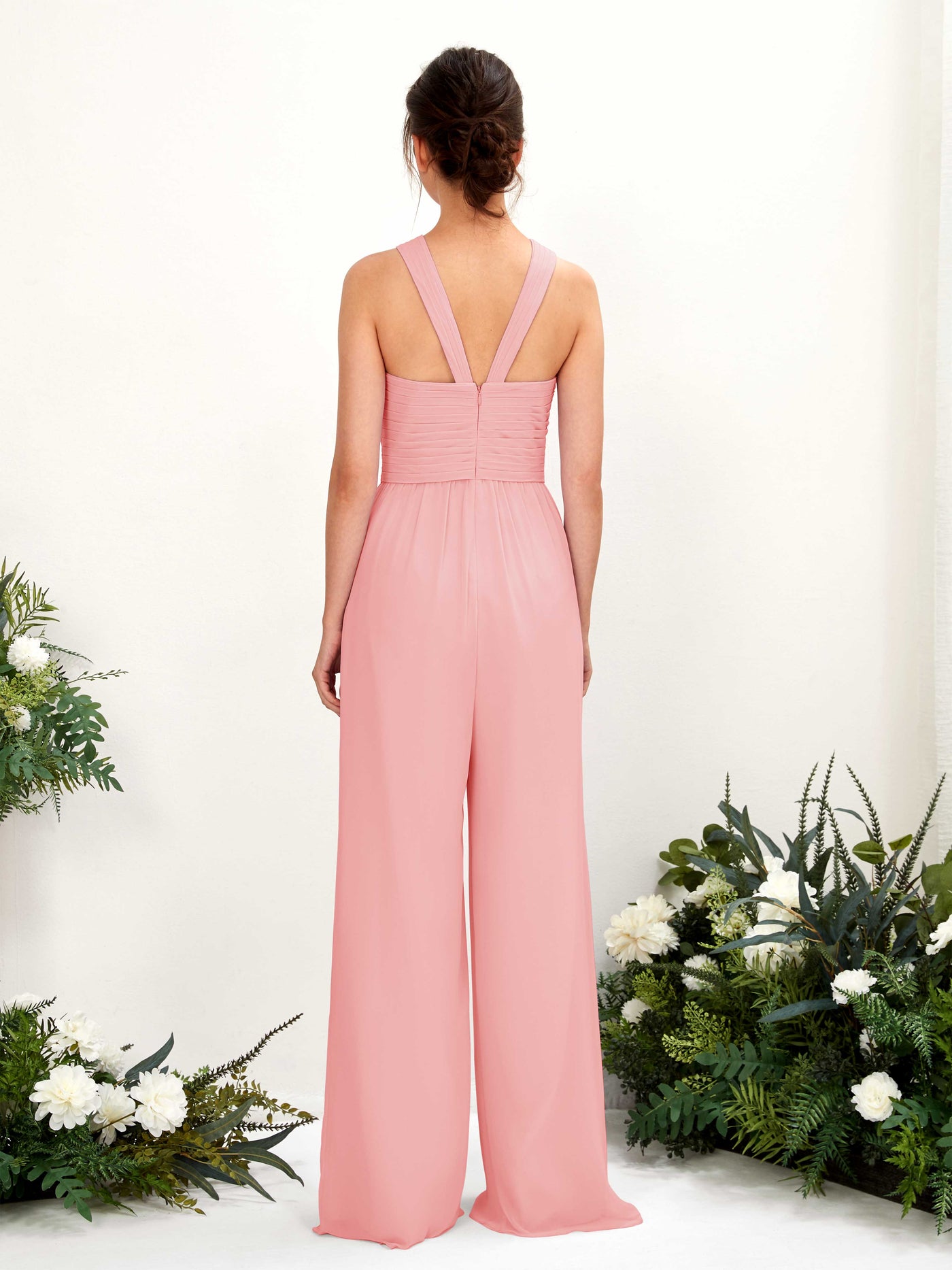 Carlyna Combinaison Encolure croisée Longueur ras du sol Mousseline froncé Robes de demoiselle d'honneur Rose Ballet #couleur_rose-ballet