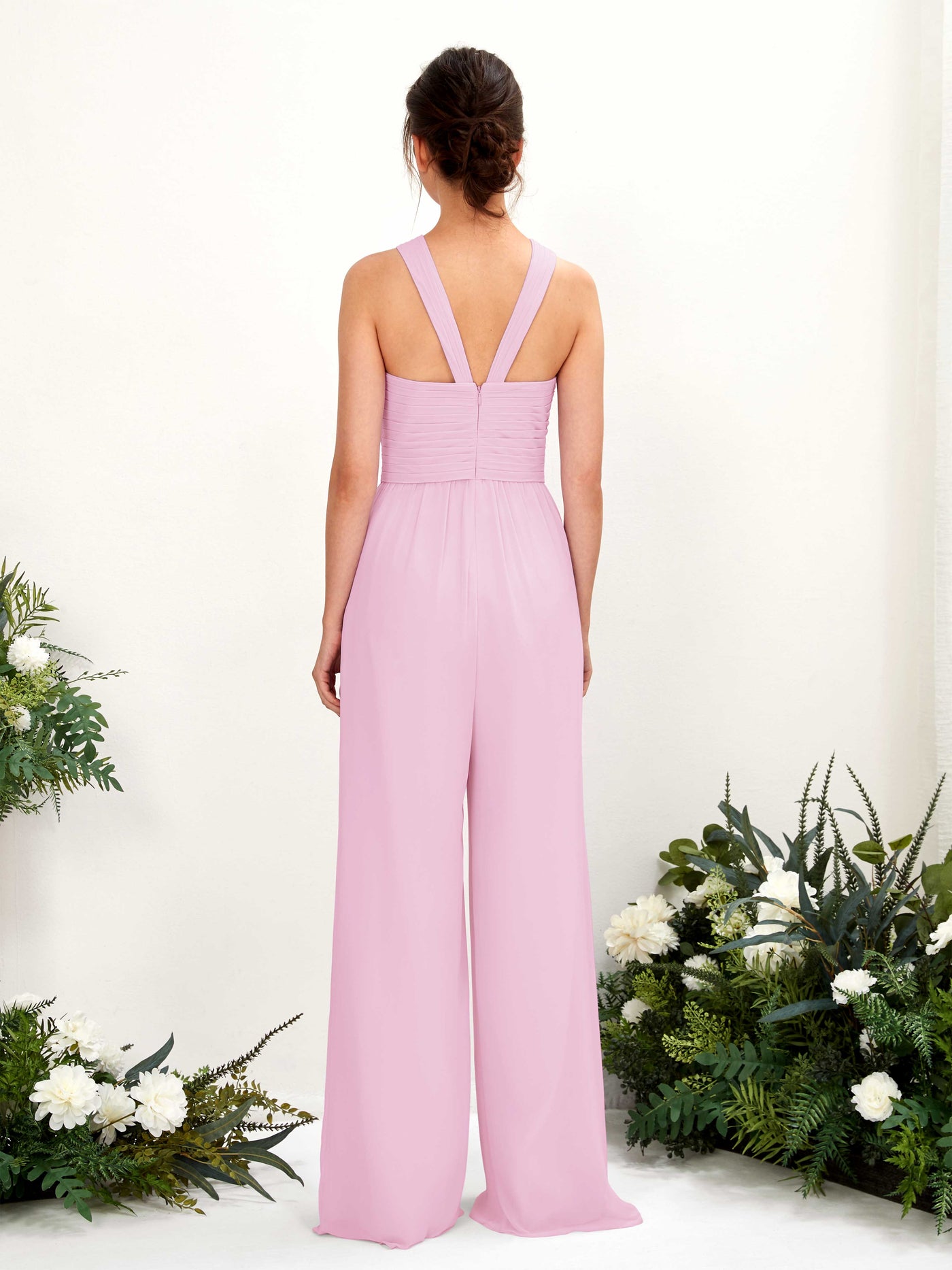Carlyna Combinaison Encolure croisée Longueur ras du sol Mousseline froncé Robes de demoiselle d'honneur Rose Bonbon #couleur_rose-bonbon
