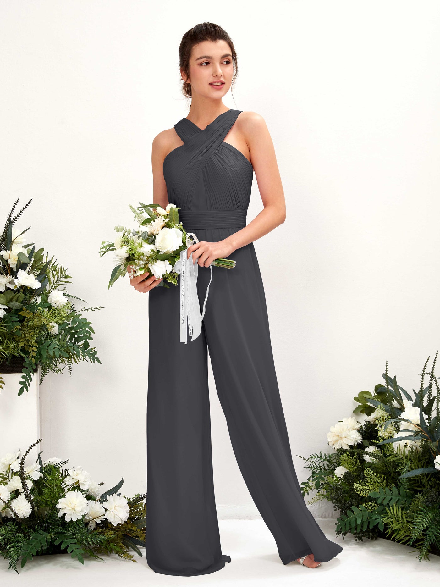 Carlyna Combinaison Encolure croisée Longueur ras du sol Mousseline froncé Robes de demoiselle d'honneur Étain #couleur_tain