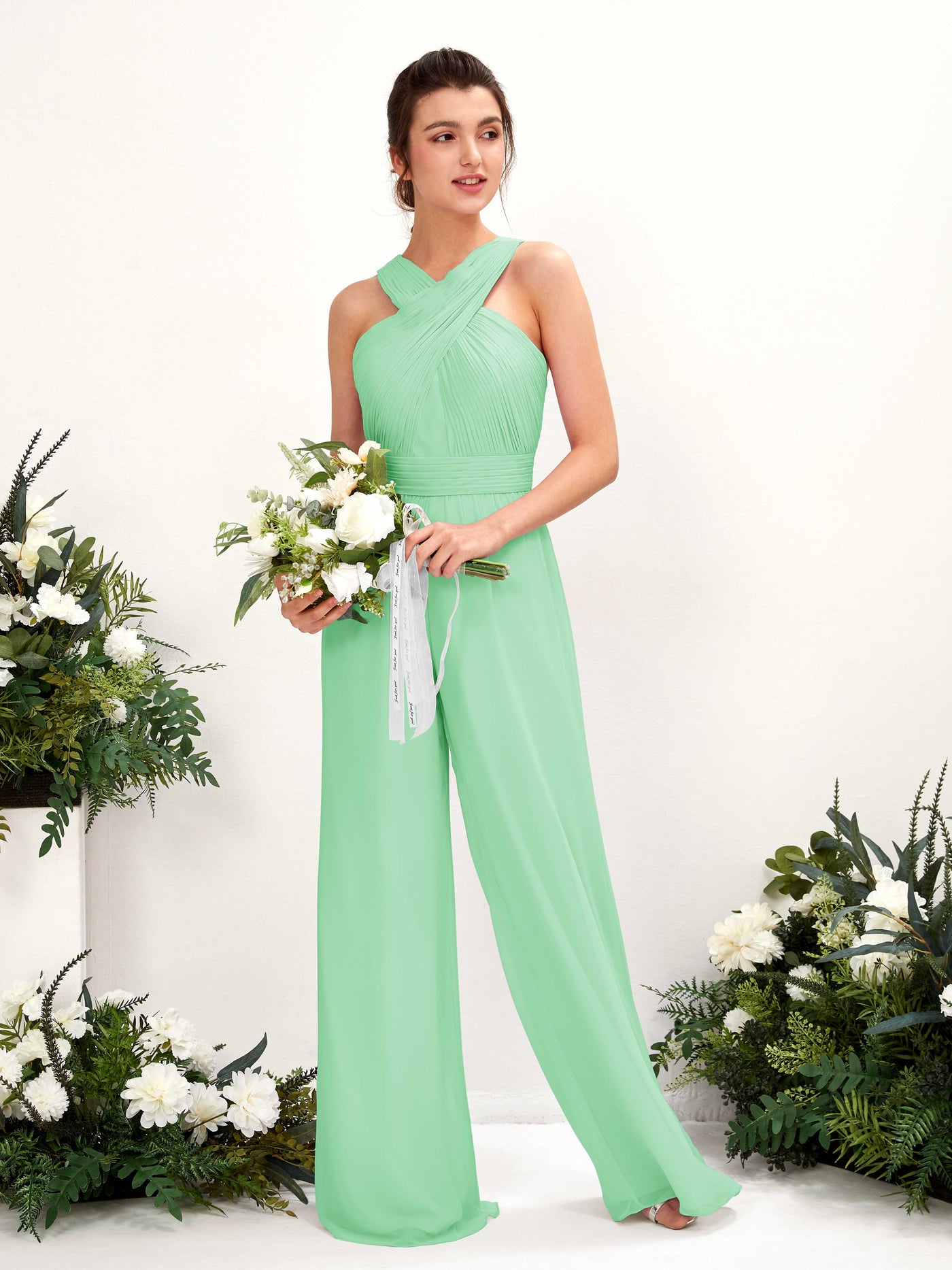 Carlyna Combinaison Encolure croisée Longueur ras du sol Mousseline froncé Robes de demoiselle d'honneur Vert Menthe #couleur_vert-menthe