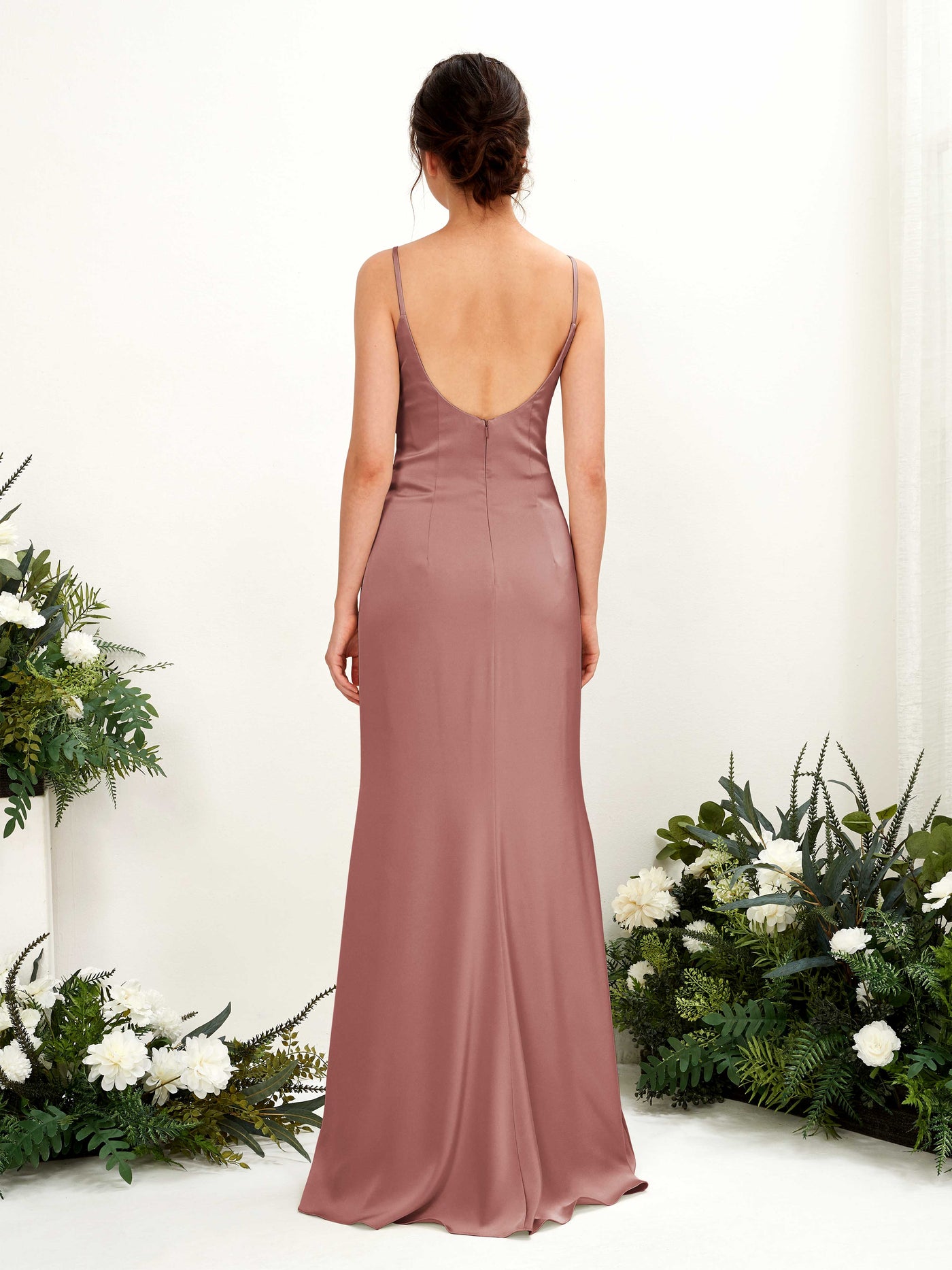 Carlyna Empire Col bénitier Longueur ras du sol Satin Froncé Robes de demoiselle d'honneur Rose Du Désert #couleur_rose-du-d-sert