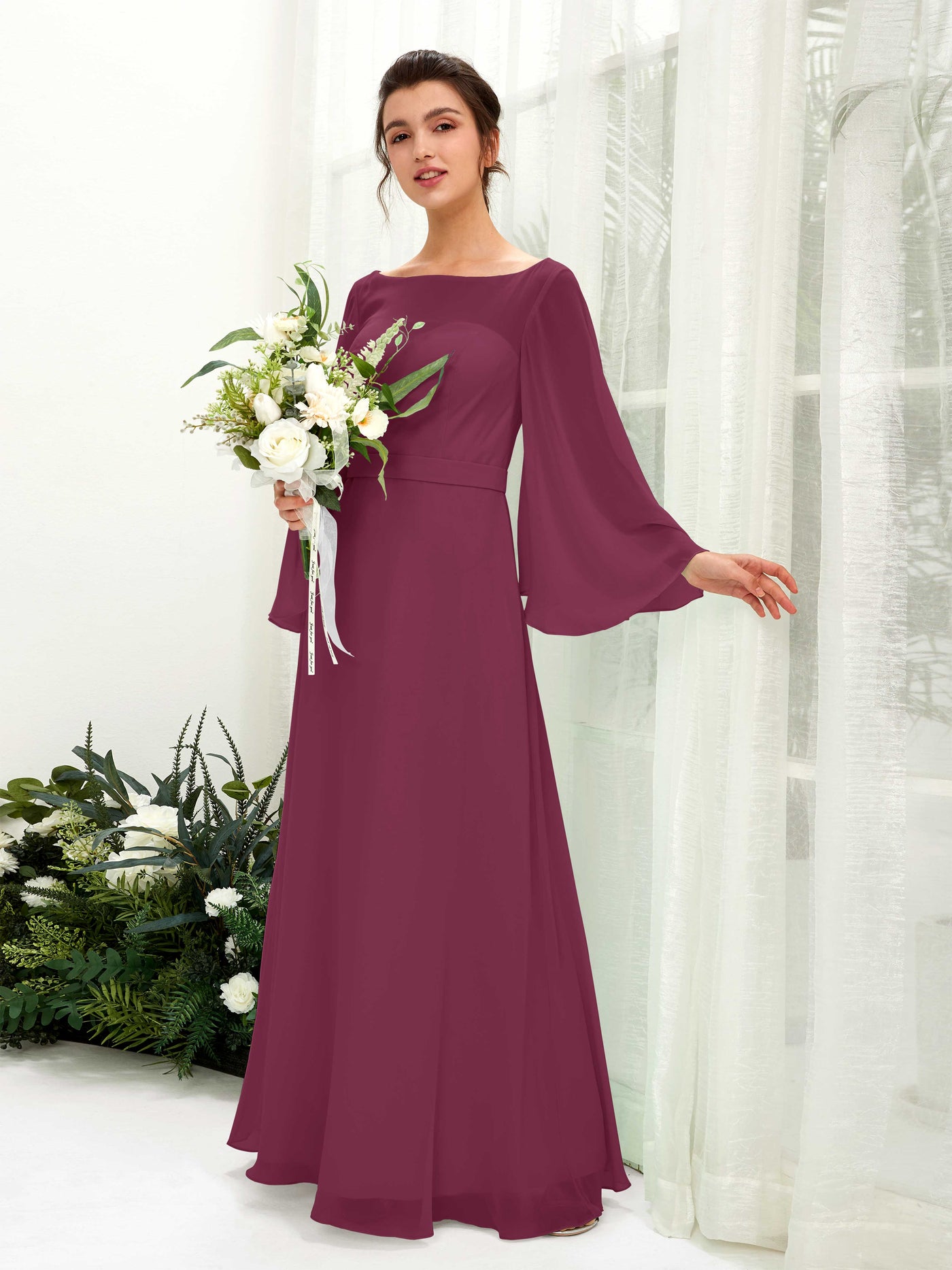 Carlyna Encolure bateau Longueur ras du sol Trapèze Manches longues Robes de demoiselle d'honneur Chianti #couleur_chianti