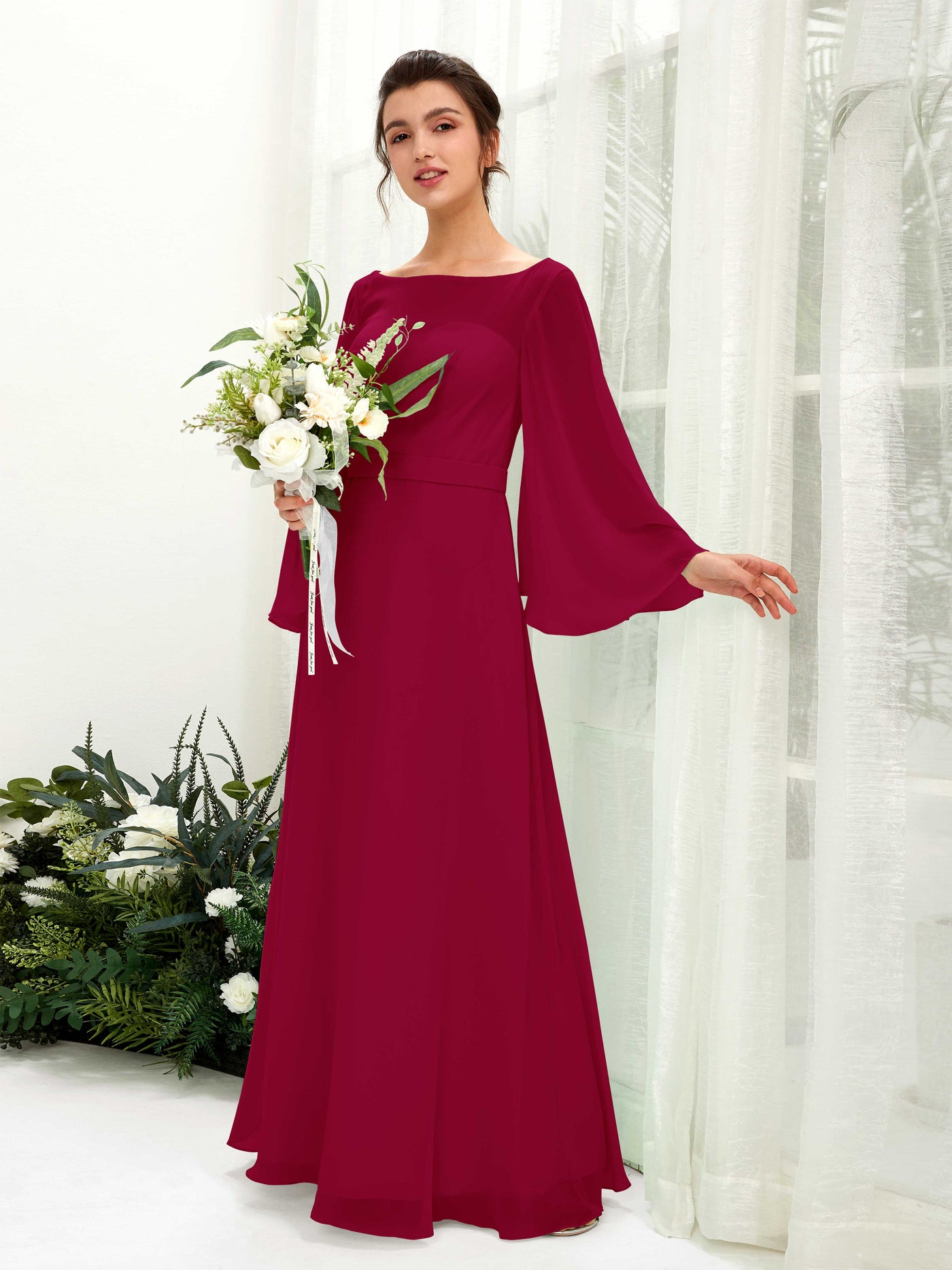 Carlyna Encolure bateau Longueur ras du sol Trapèze Manches longues Robes de demoiselle d'honneur Rouge Bouffon #couleur_rouge-bouffon