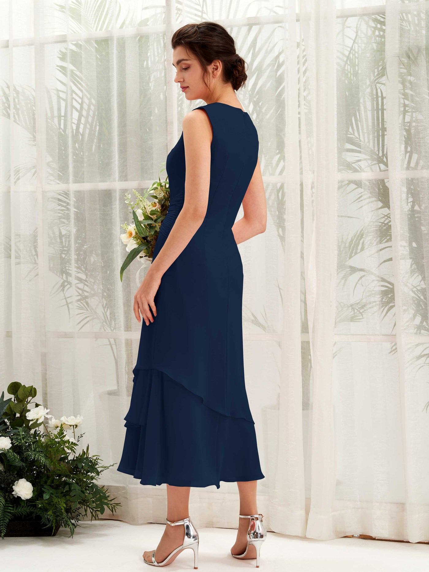 Carlyna Fourreau Col rond Longueur mollet Mousseline Robe de demoiselle d'honneur Bleu Marine #couleur_bleu-marine