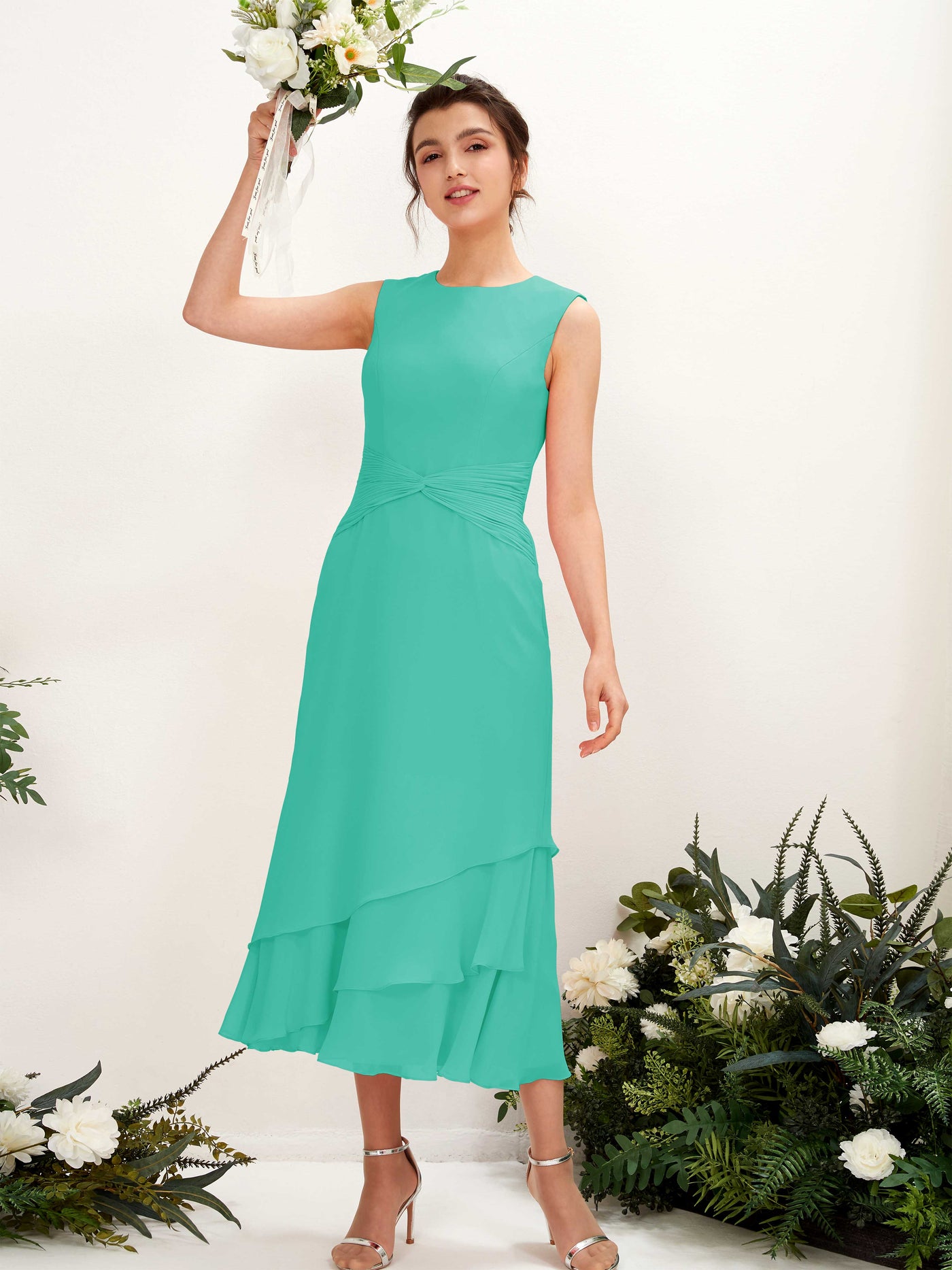 Carlyna Fourreau Col rond Longueur mollet Mousseline Robe de demoiselle d'honneur Bleu Tiffany #couleur_bleu-tiffany