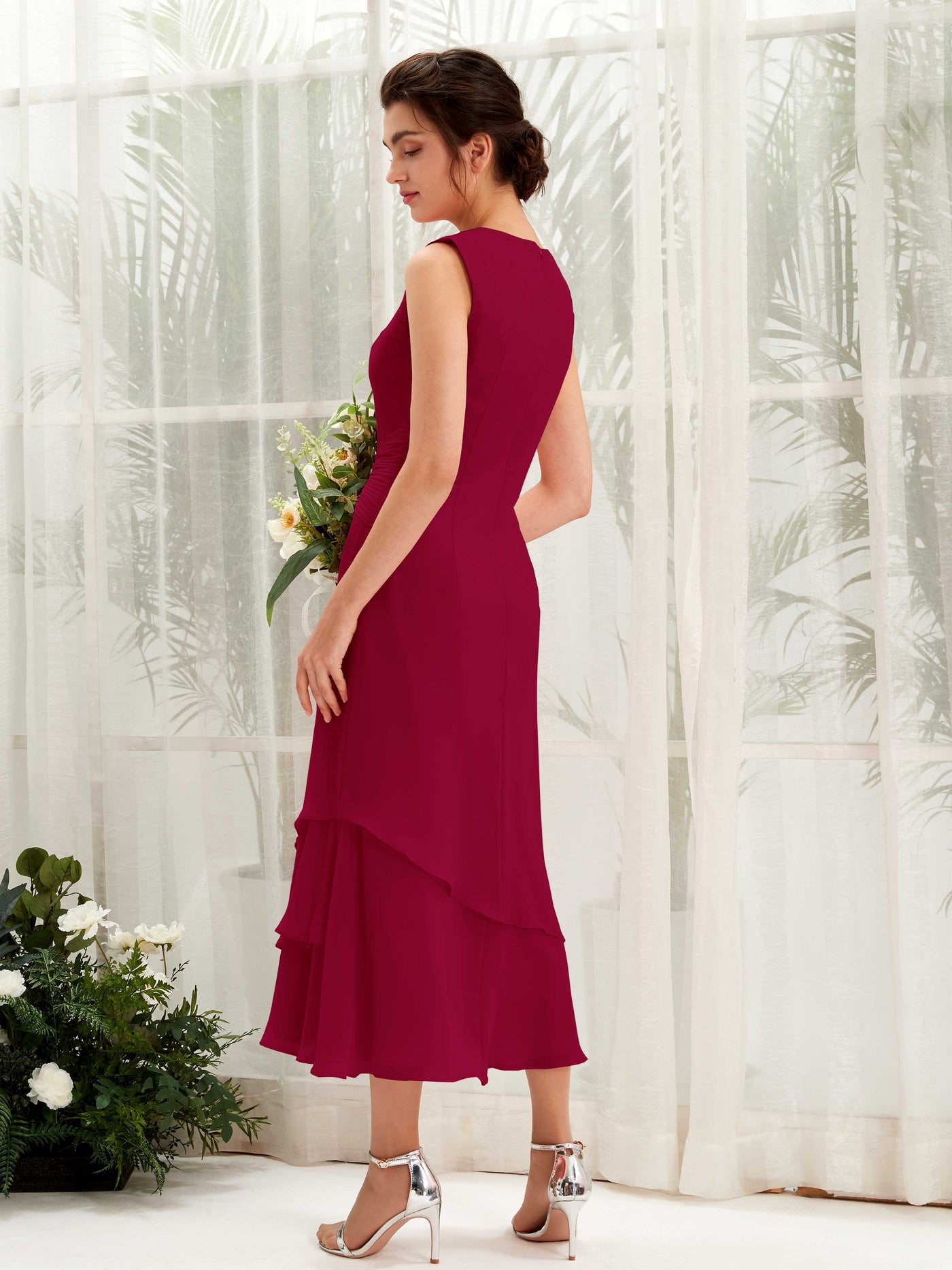 Carlyna Fourreau Col rond Longueur mollet Mousseline Robe de demoiselle d'honneur Rouge Bouffon #couleur_rouge-bouffon