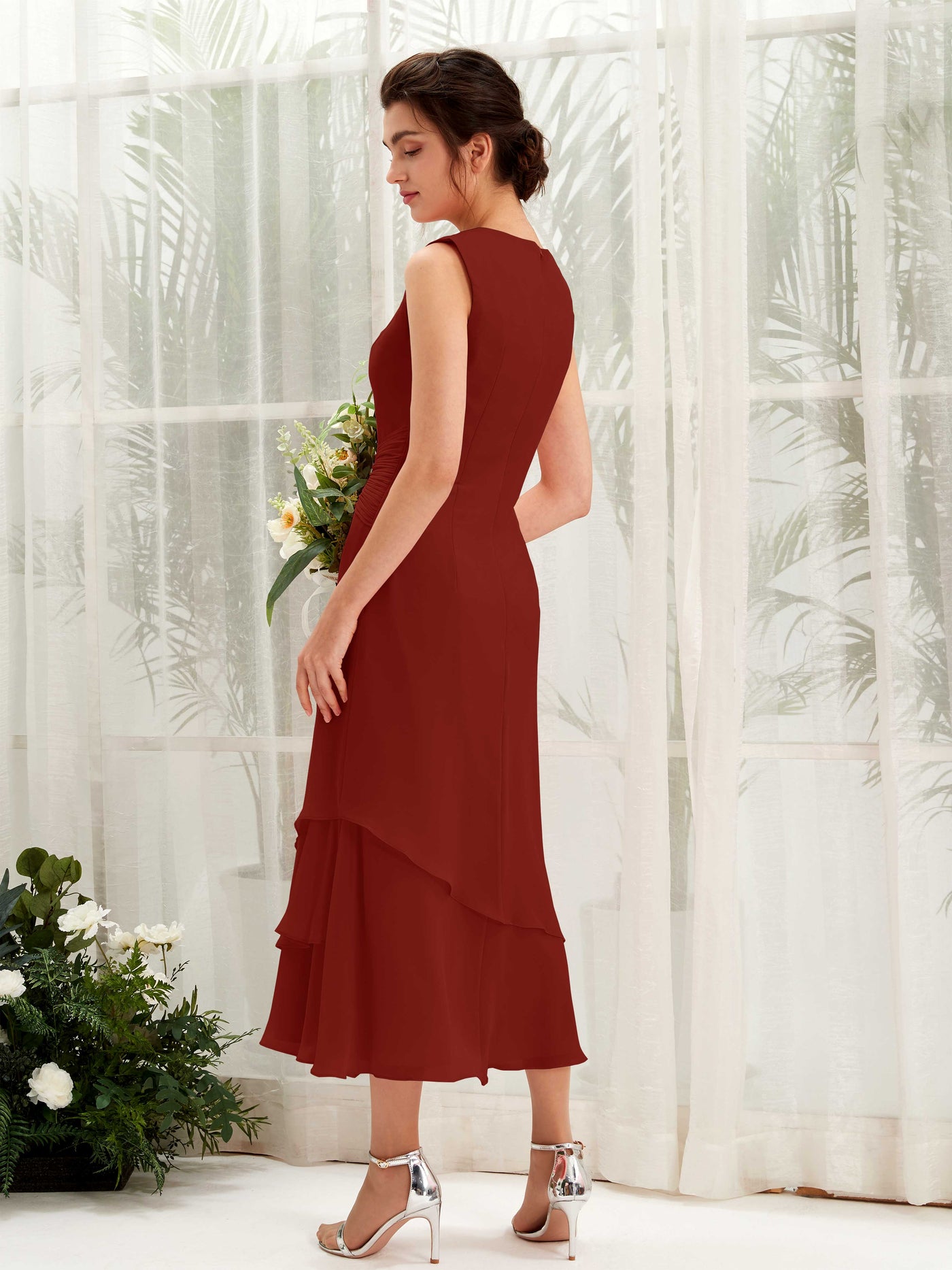 Carlyna Fourreau Col rond Longueur mollet Mousseline Robe de demoiselle d'honneur Rouille #couleur_rouille