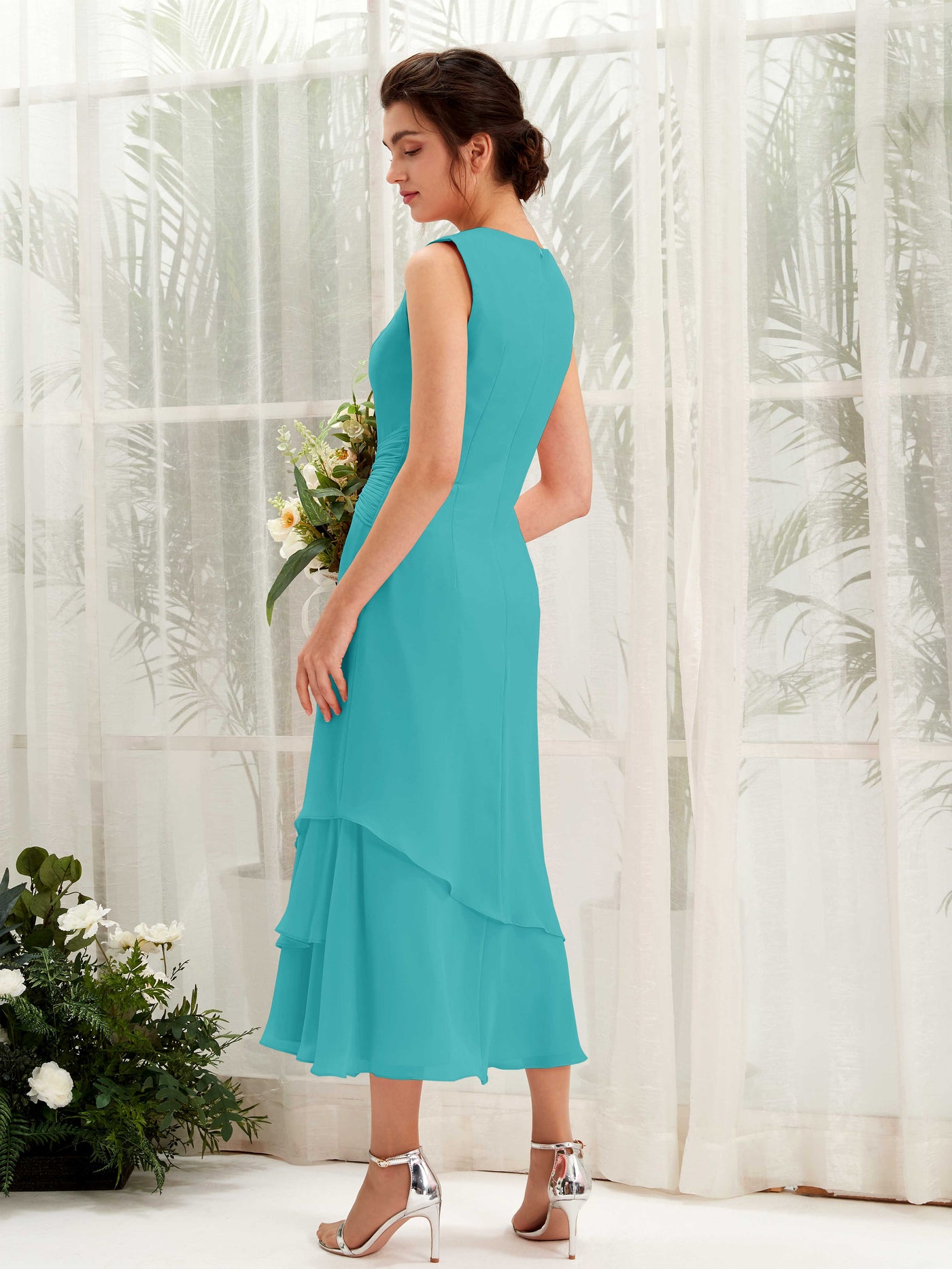 Carlyna Fourreau Col rond Longueur mollet Mousseline Robe de demoiselle d'honneur Turquoise #couleur_turquoise