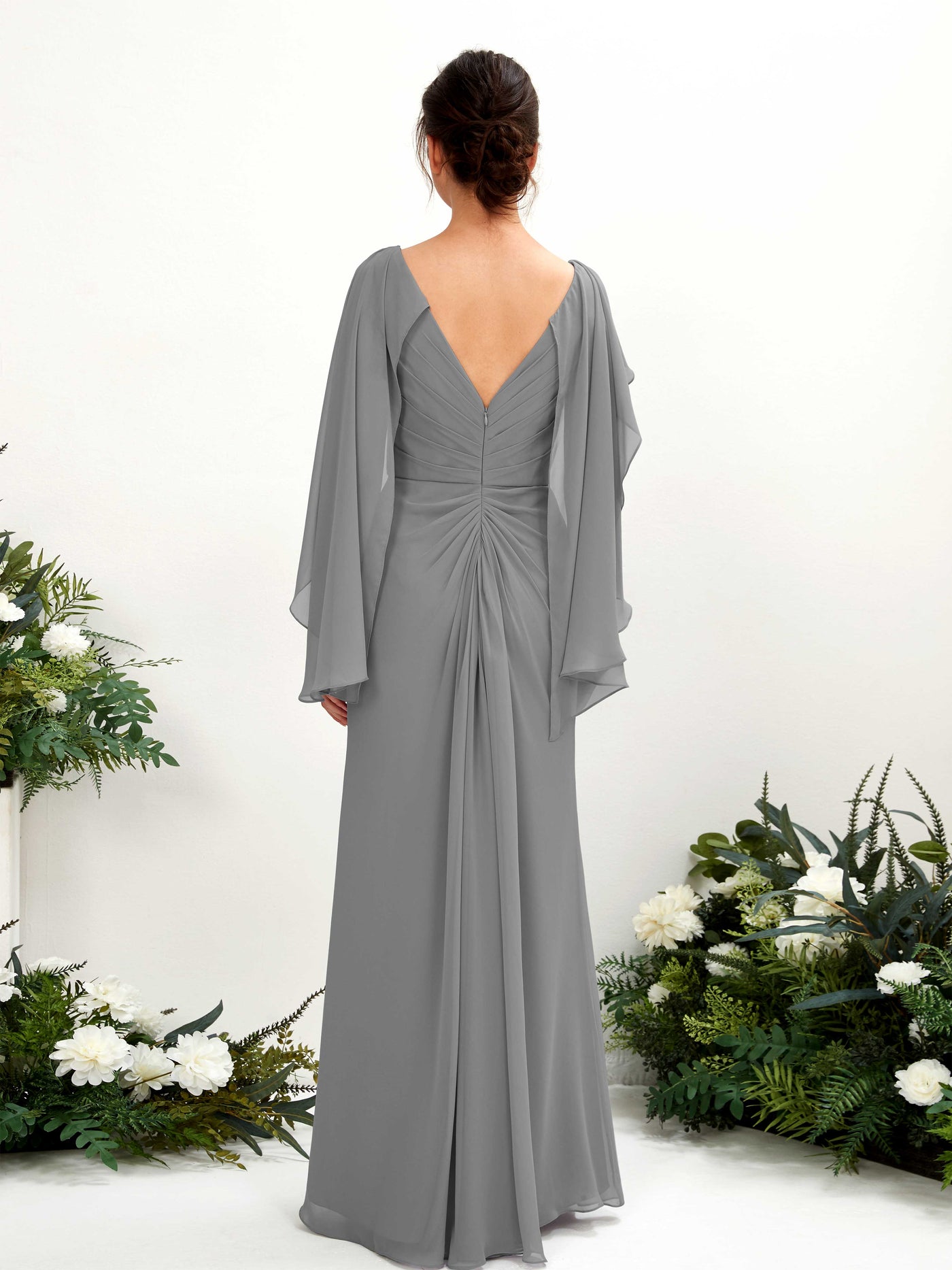 Carlyna Fourreau Col V Manches Cape Mousseline Robe de demoiselle d'honneur Gris Acier #couleur_gris-acier