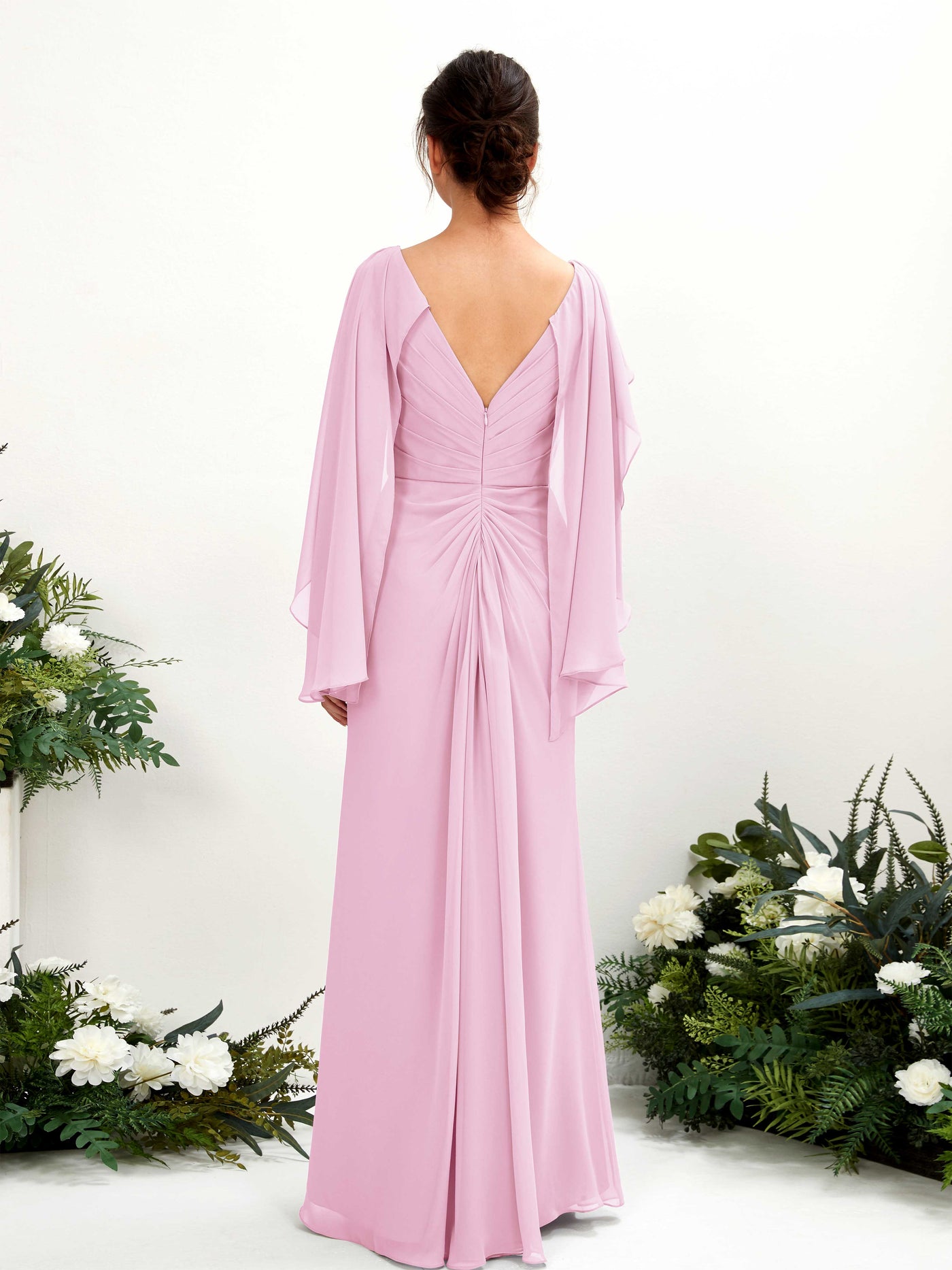 Carlyna Fourreau Col V Manches Cape Mousseline Robe de demoiselle d'honneur Rose Bonbon #couleur_rose-bonbon