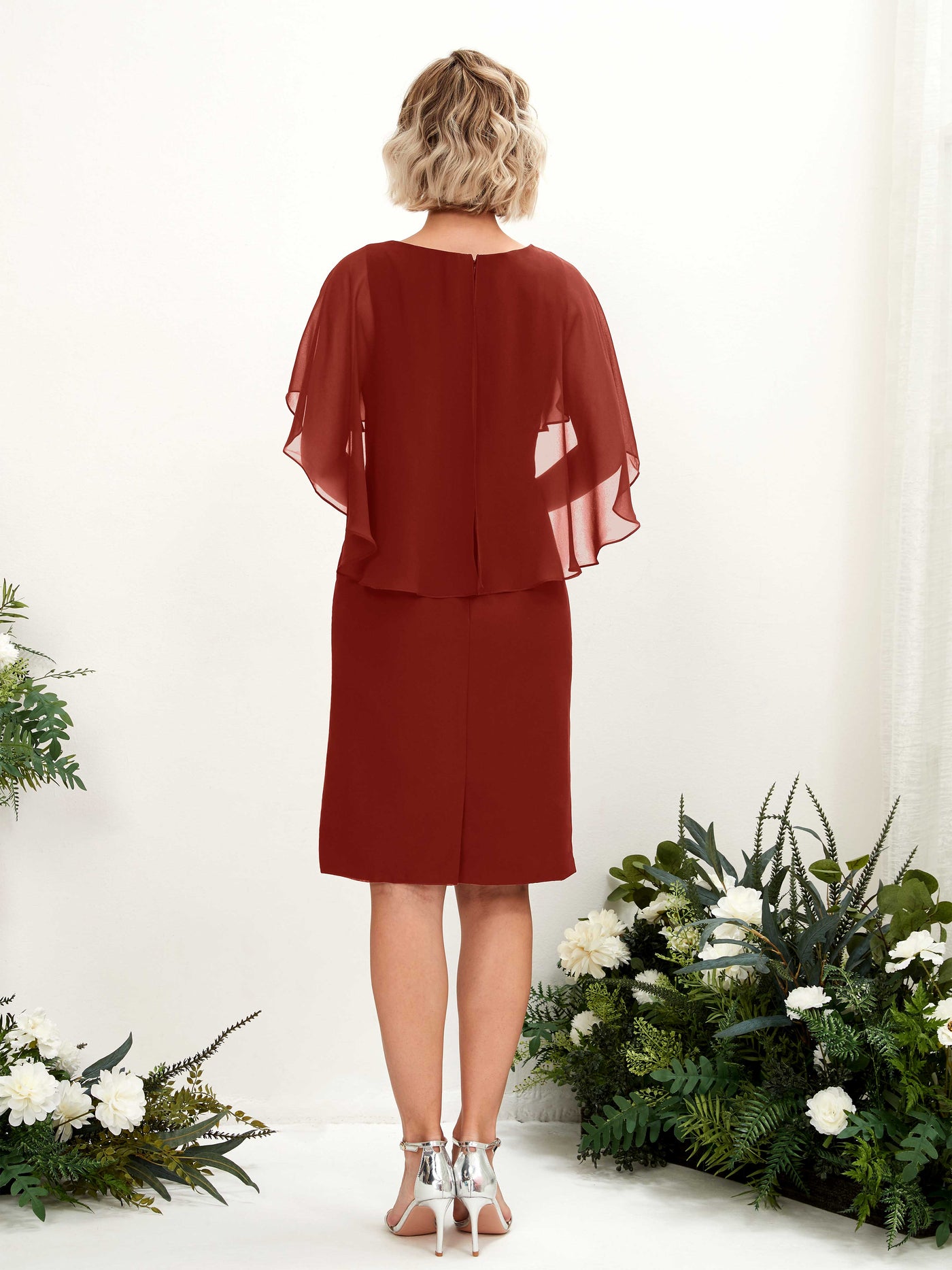 Carlyna Fourreau Col V Manches Cape Robe à genou Mousseline Rouille #couleur_rouille