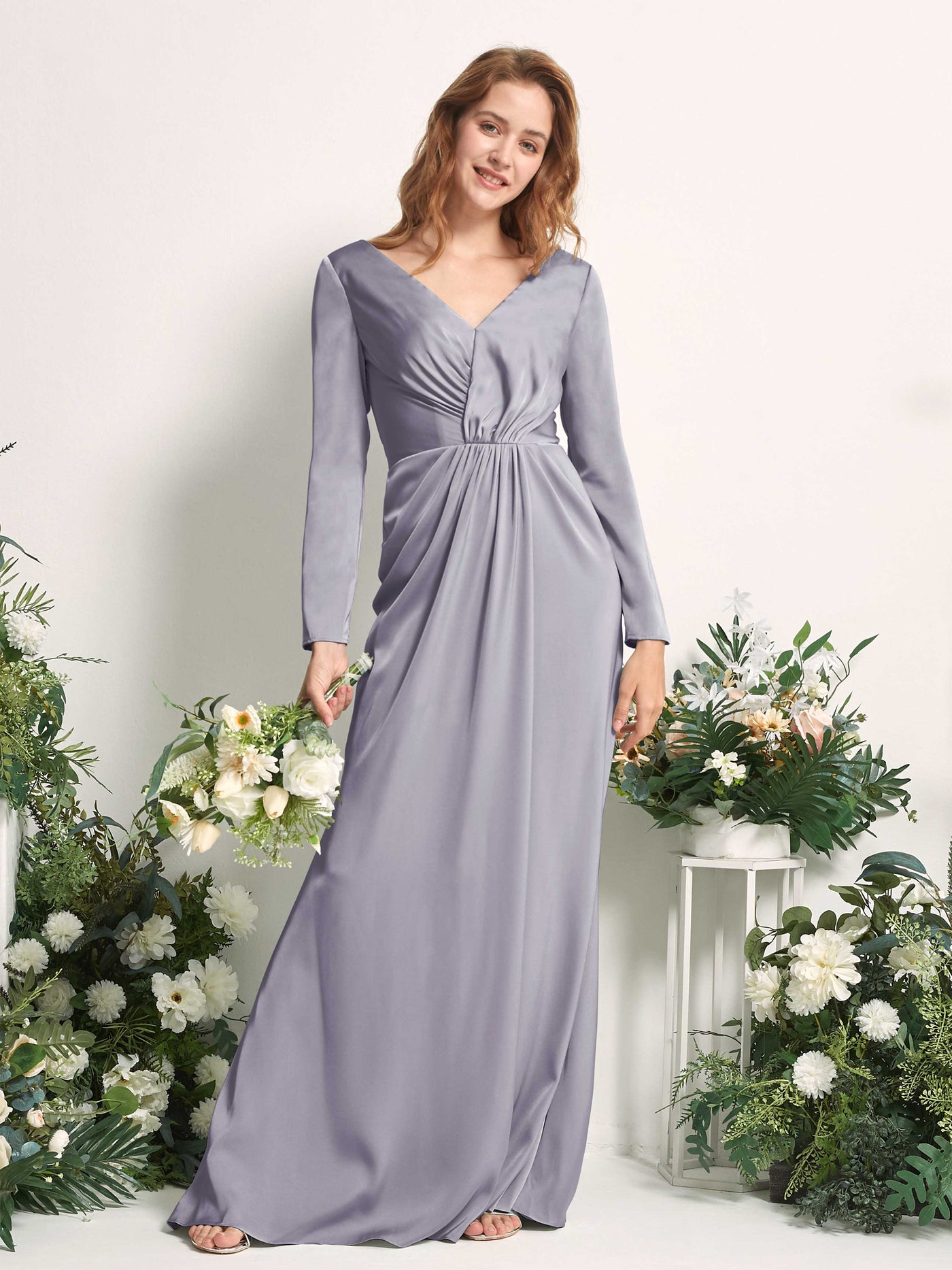 Carlyna Fourreau Col V Manches Longues Froncé Robes de demoiselle d'honneur Brume Violette #couleur_brume-violette