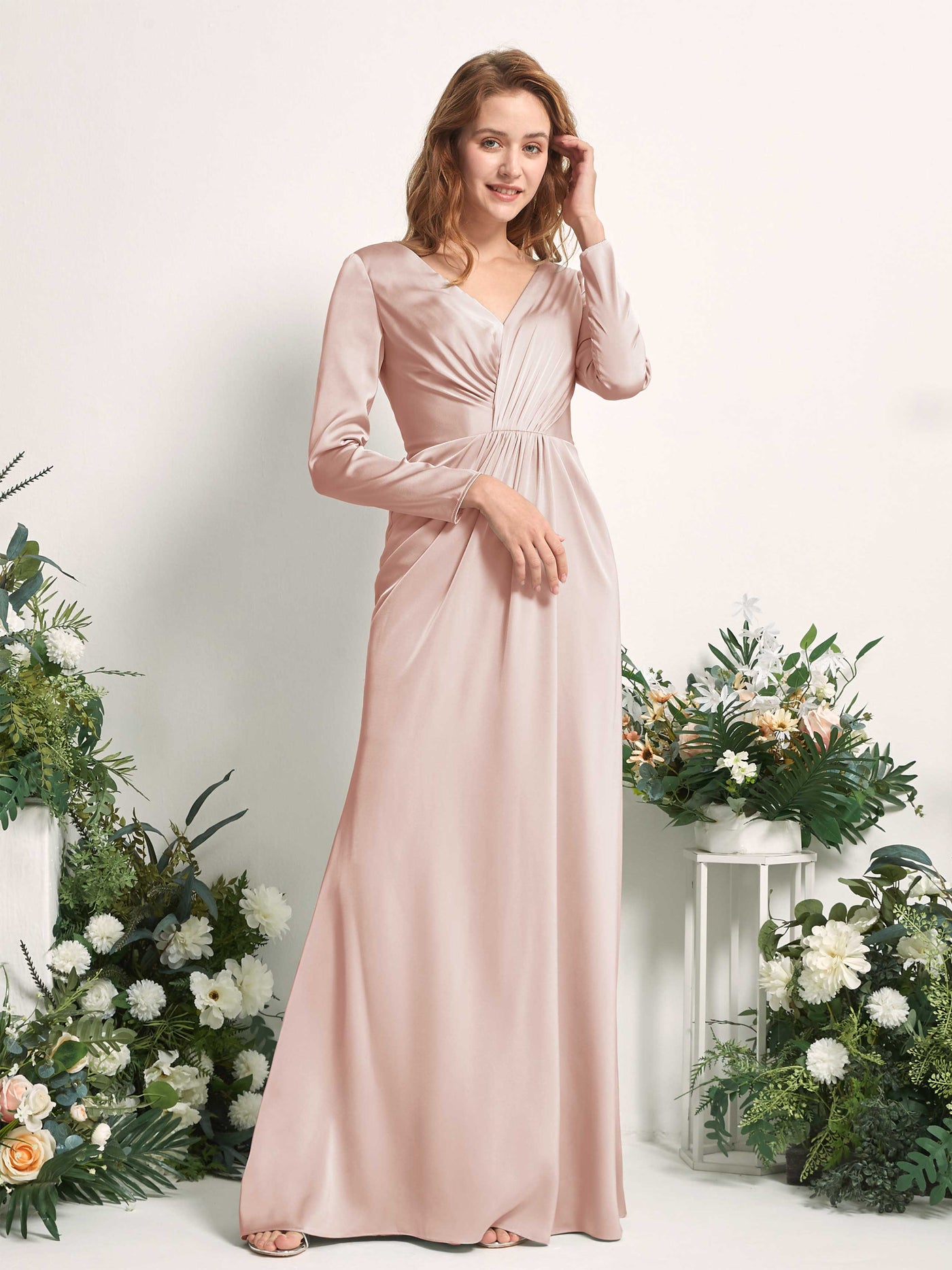 Carlyna Fourreau Col V Manches Longues Froncé Robes de demoiselle d'honneur Rose Perle #couleur_rose-perle
