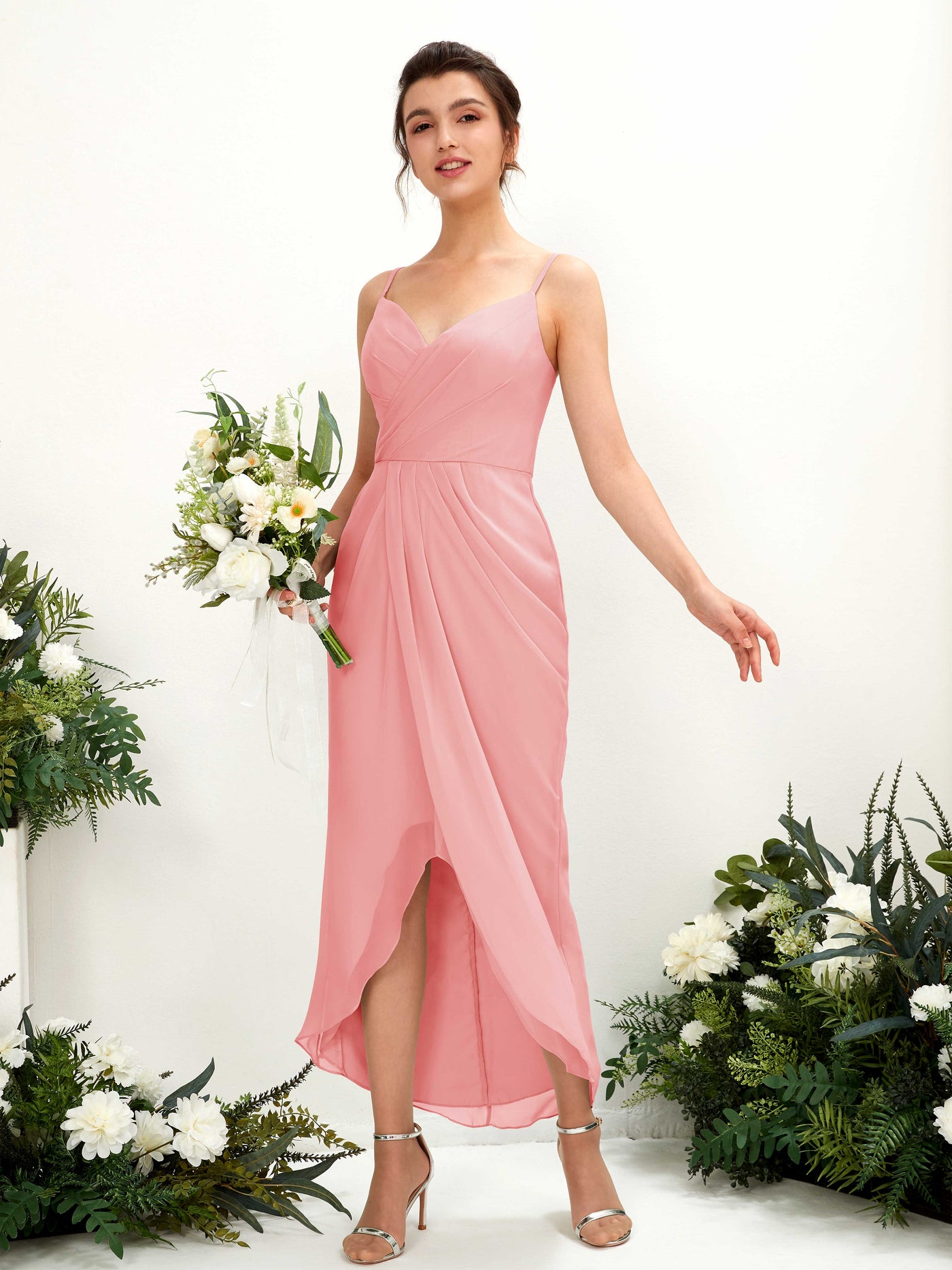 Carlyna Fourreau Longueur mollet Col V froncé robe de demoiselle d'honneur Rose Ballet #couleur_rose-ballet