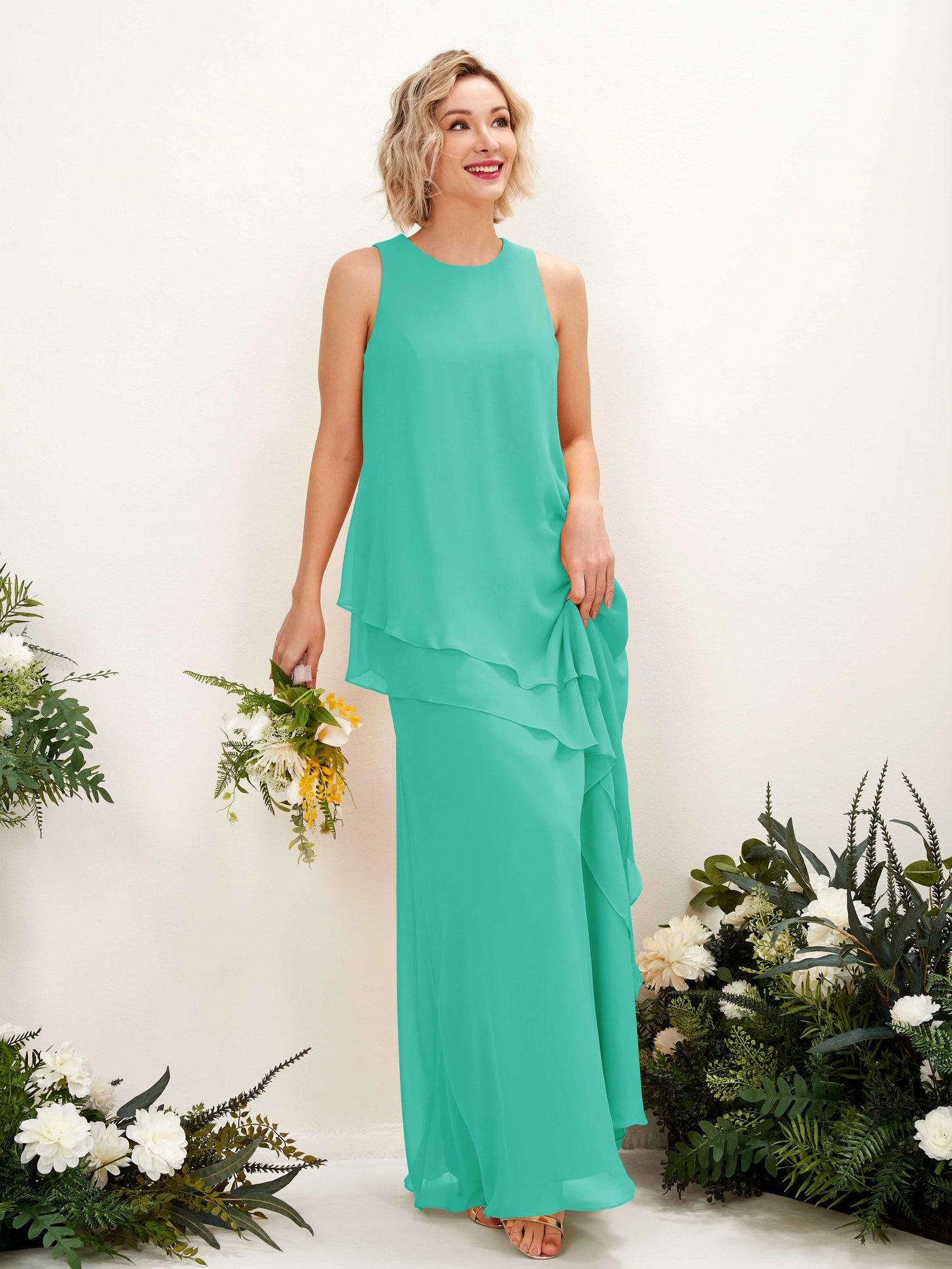Carlyna Fourreau Longueur ras du sol Col rond Robe de demoiselle d'honneur Bleu Tiffany #couleur_bleu-tiffany