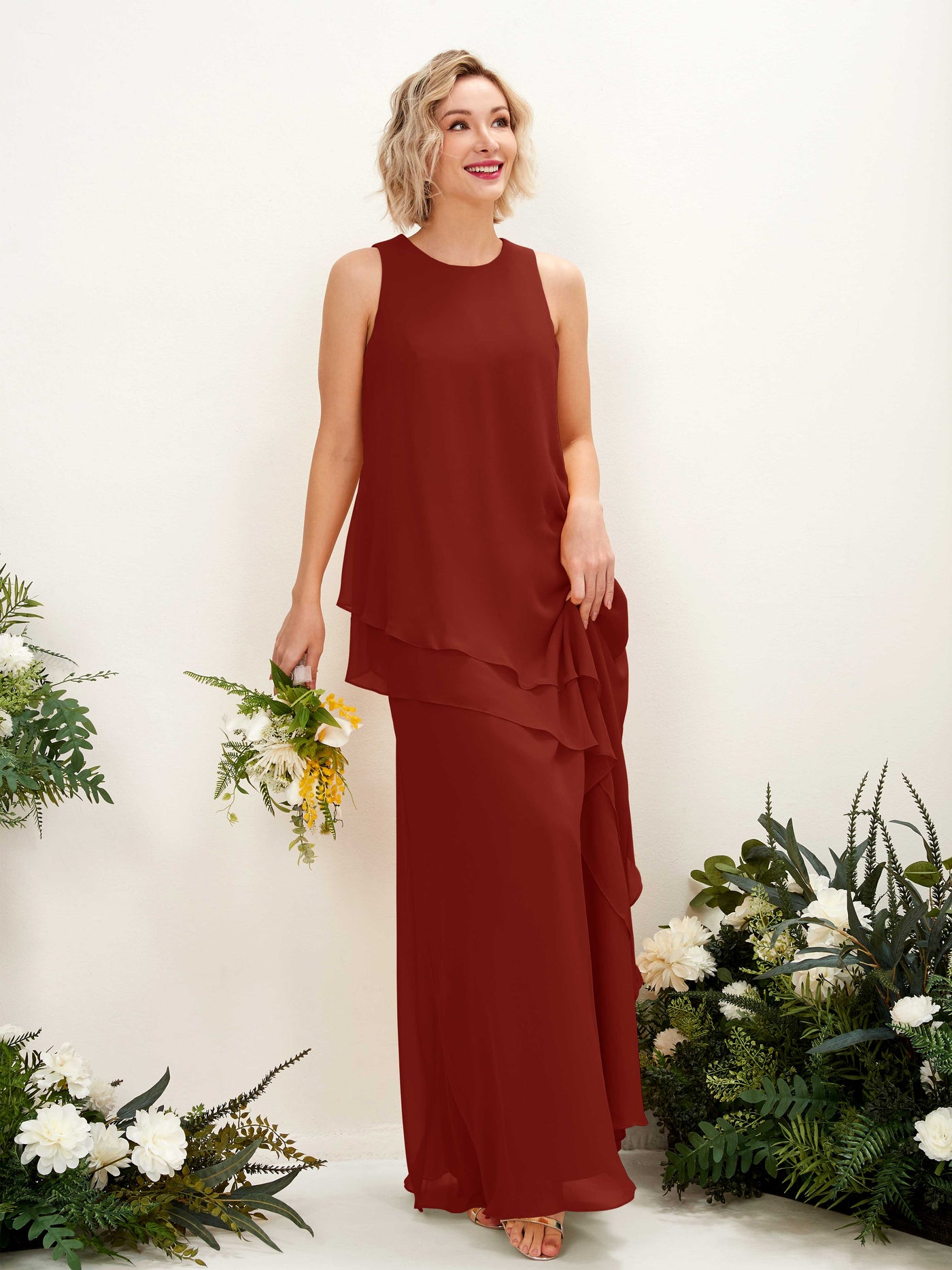 Carlyna Fourreau Longueur ras du sol Col rond Robe de demoiselle d'honneur Rouille #couleur_rouille
