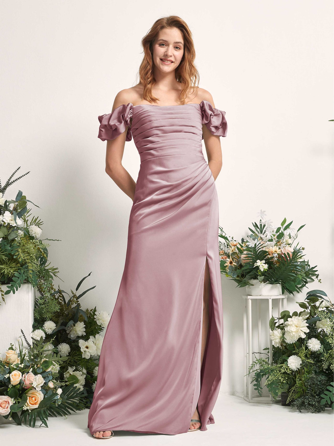 Carlyna Fourreau Longueur ras du sol Épaule Dénudée Robe demoiselle d'honneur Quartz Rose #couleur_quartz-rose