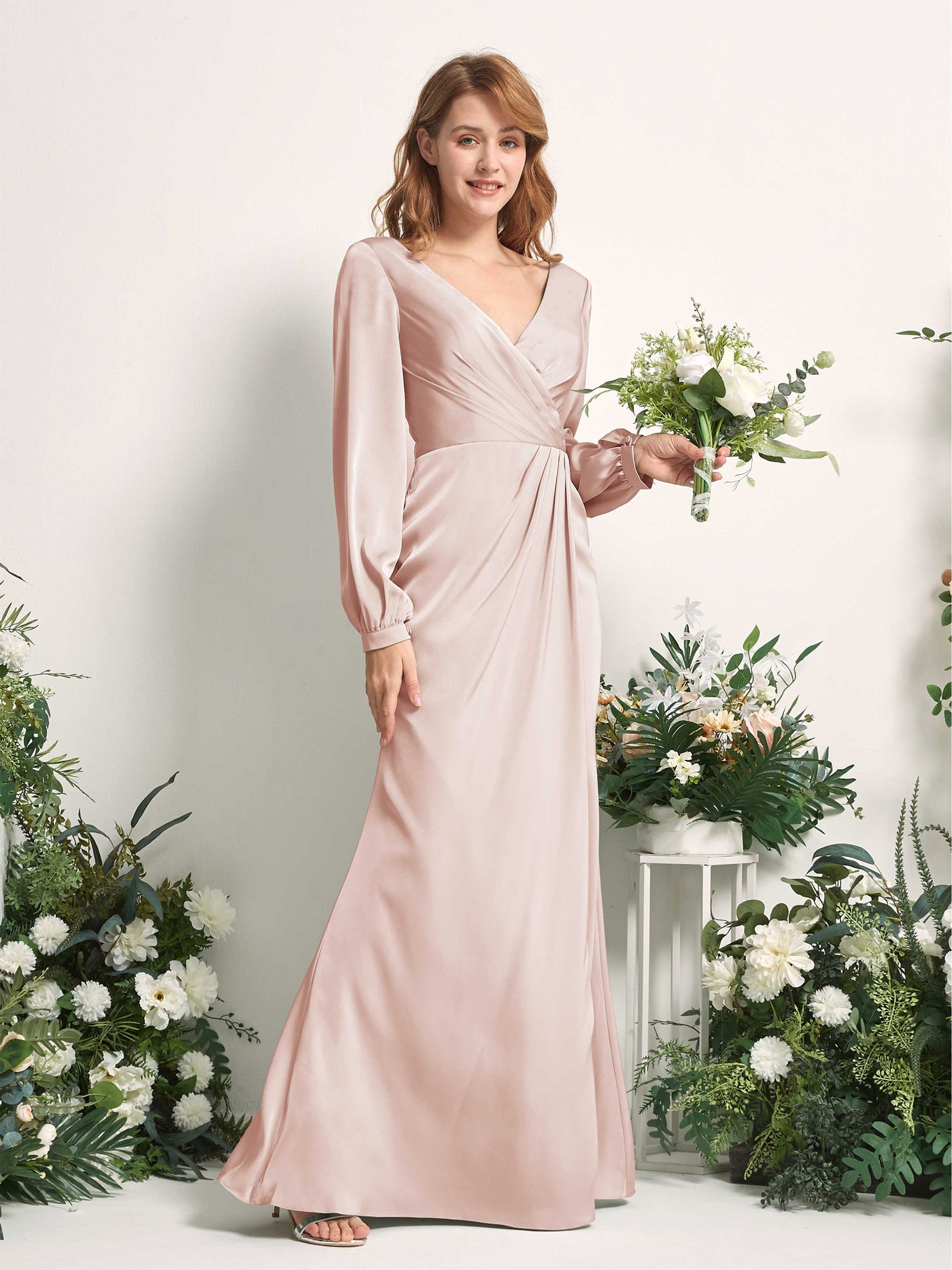 Carlyna Fourreau Sirène Col V Manches Longues Robes de demoiselle d'honneur Rose Perle #couleur_rose-perle