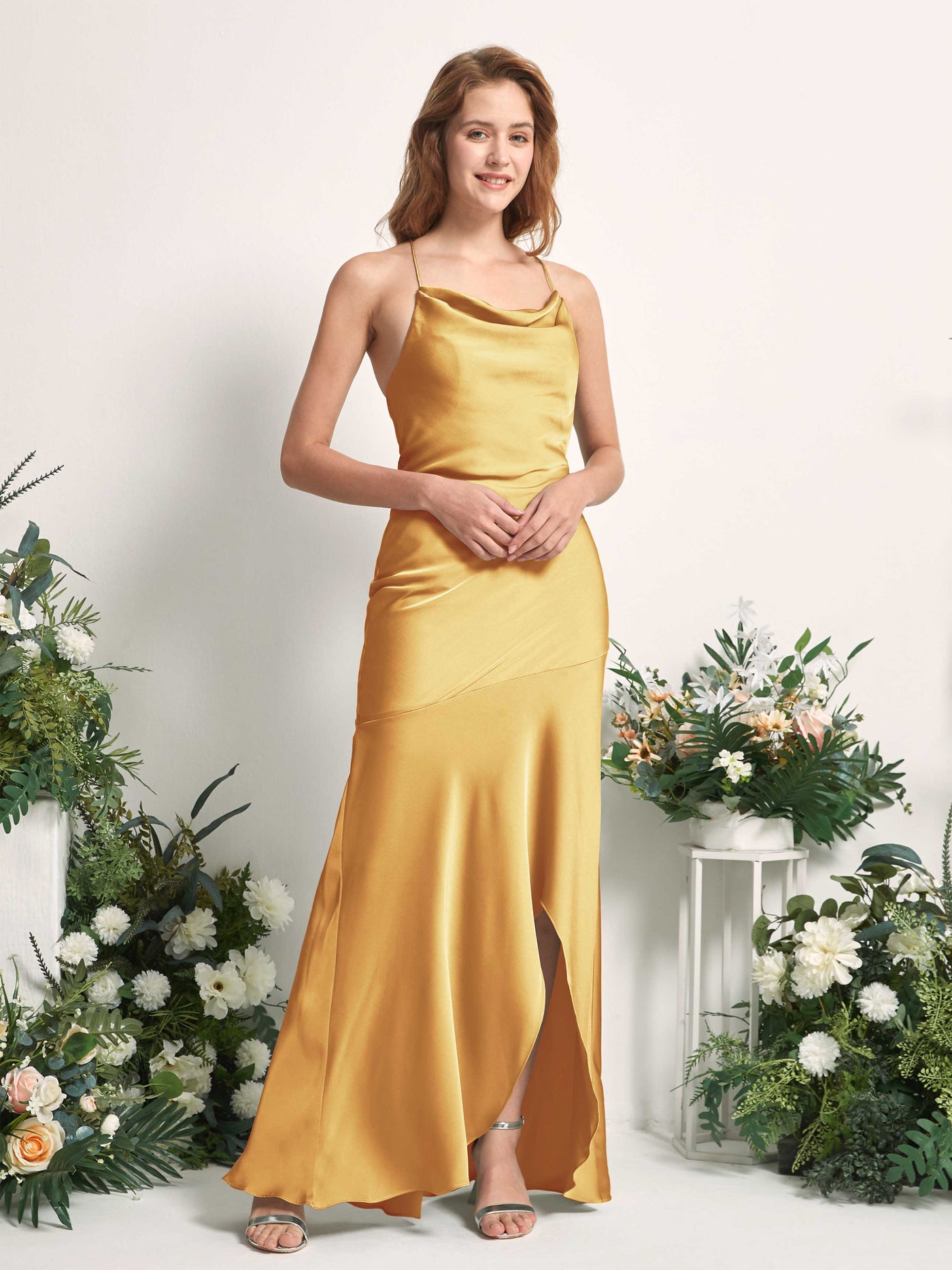 Carlyna Robe de demoiselle d'honneur Sirène Col bénitier Longueur ras du sol Jaune Canari #couleur_jaune-canari