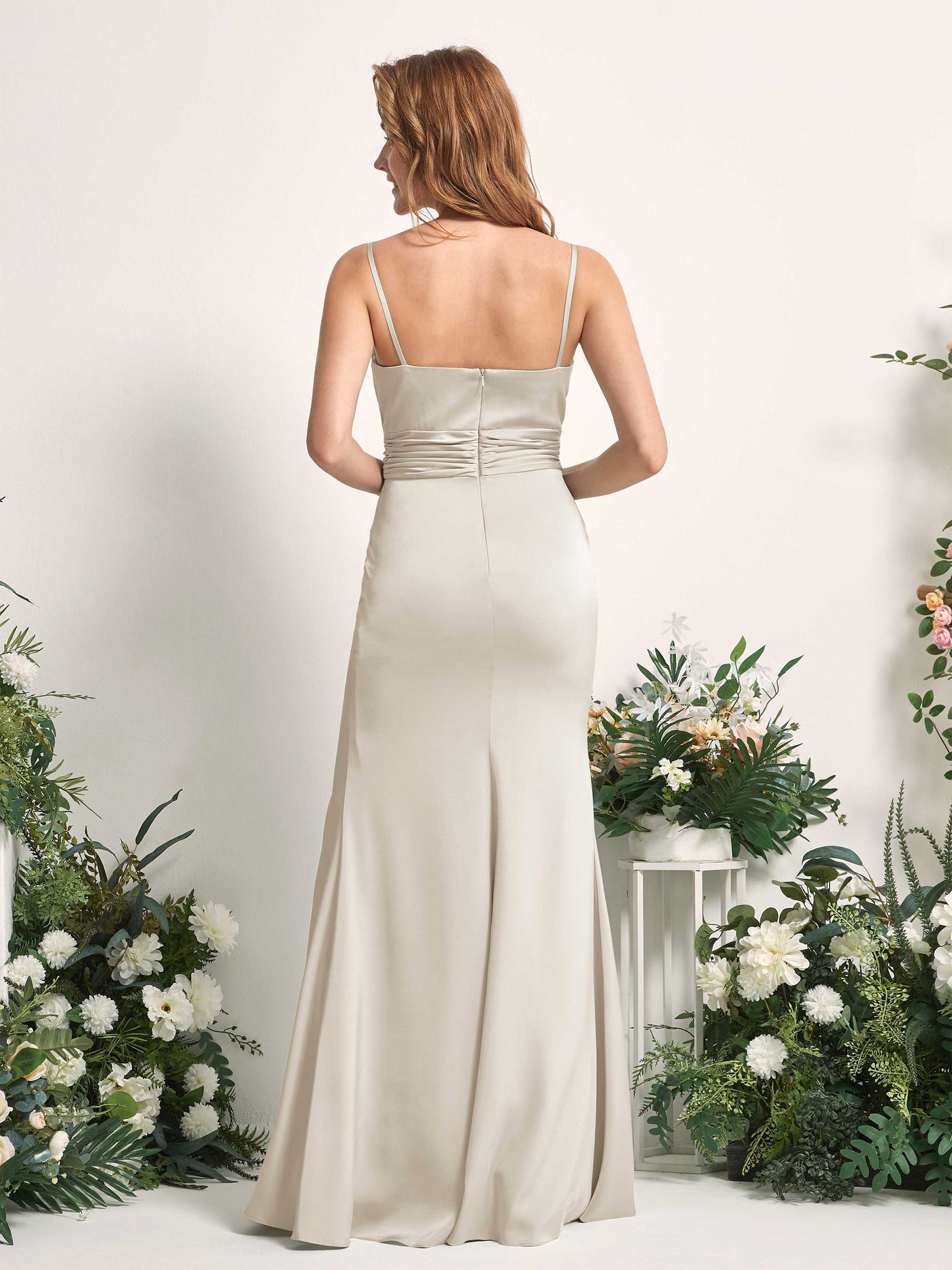 Carlyna Robe de demoiselle d'honneur sirène encolure dégagée froncé fente jambe Champagne #couleur_champagne