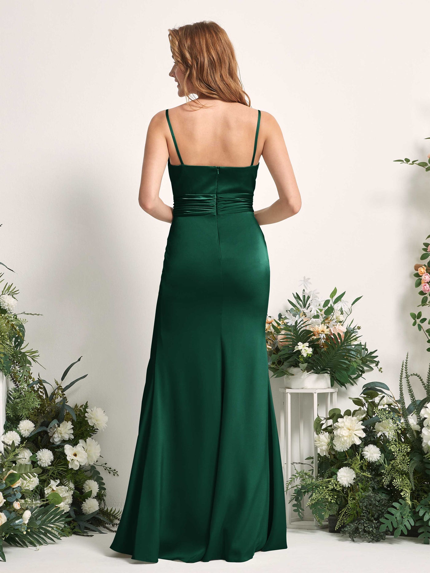Carlyna Robe de demoiselle d'honneur sirène encolure dégagée froncé fente jambe Vert Chasseur #couleur_vert-chasseur