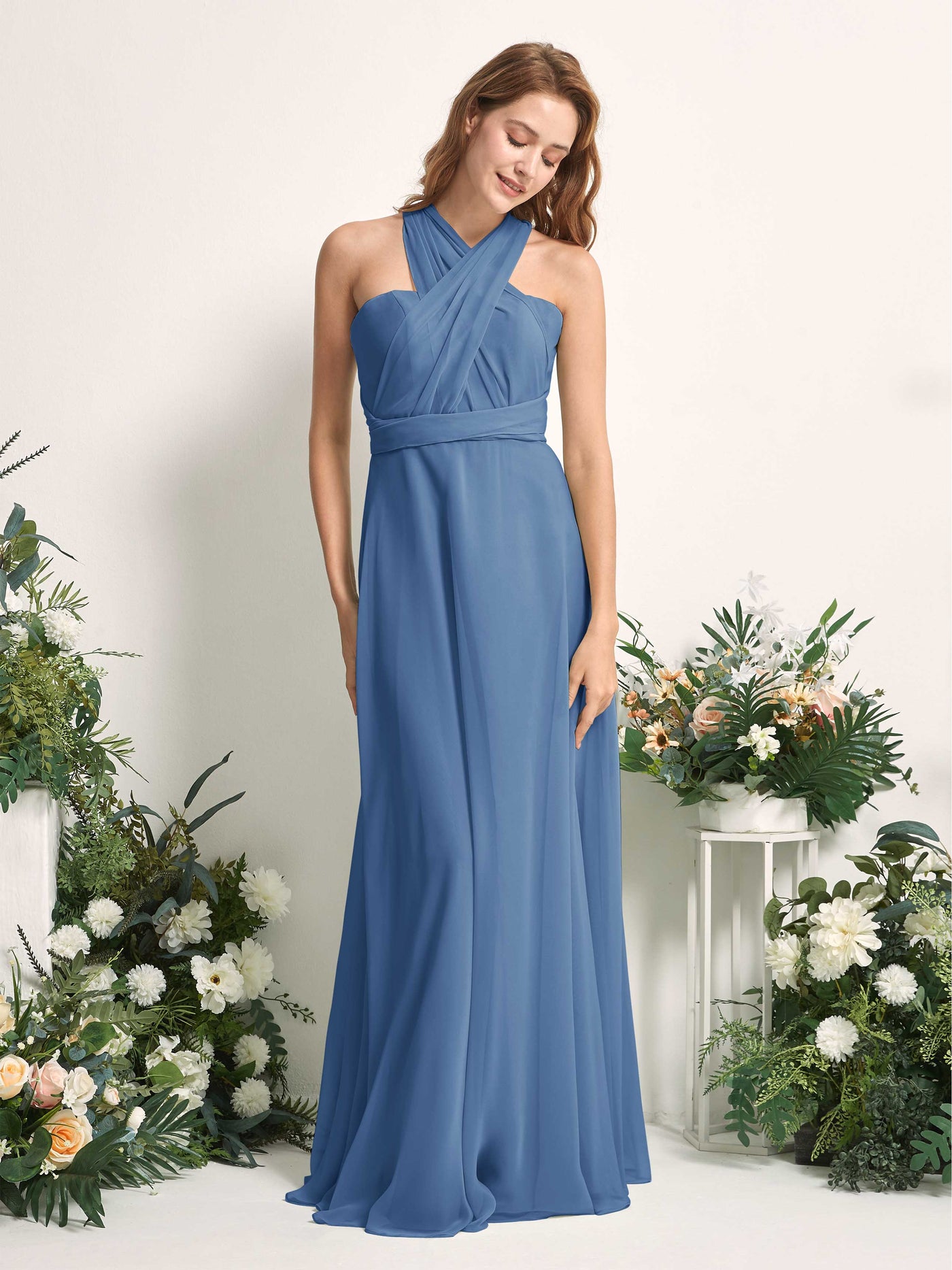 Carlyna Robe de demoiselle d'honneur Trapèze Col coeur Longueur ras du sol Bleu Poussiéreux #couleur_bleu-poussi-reux