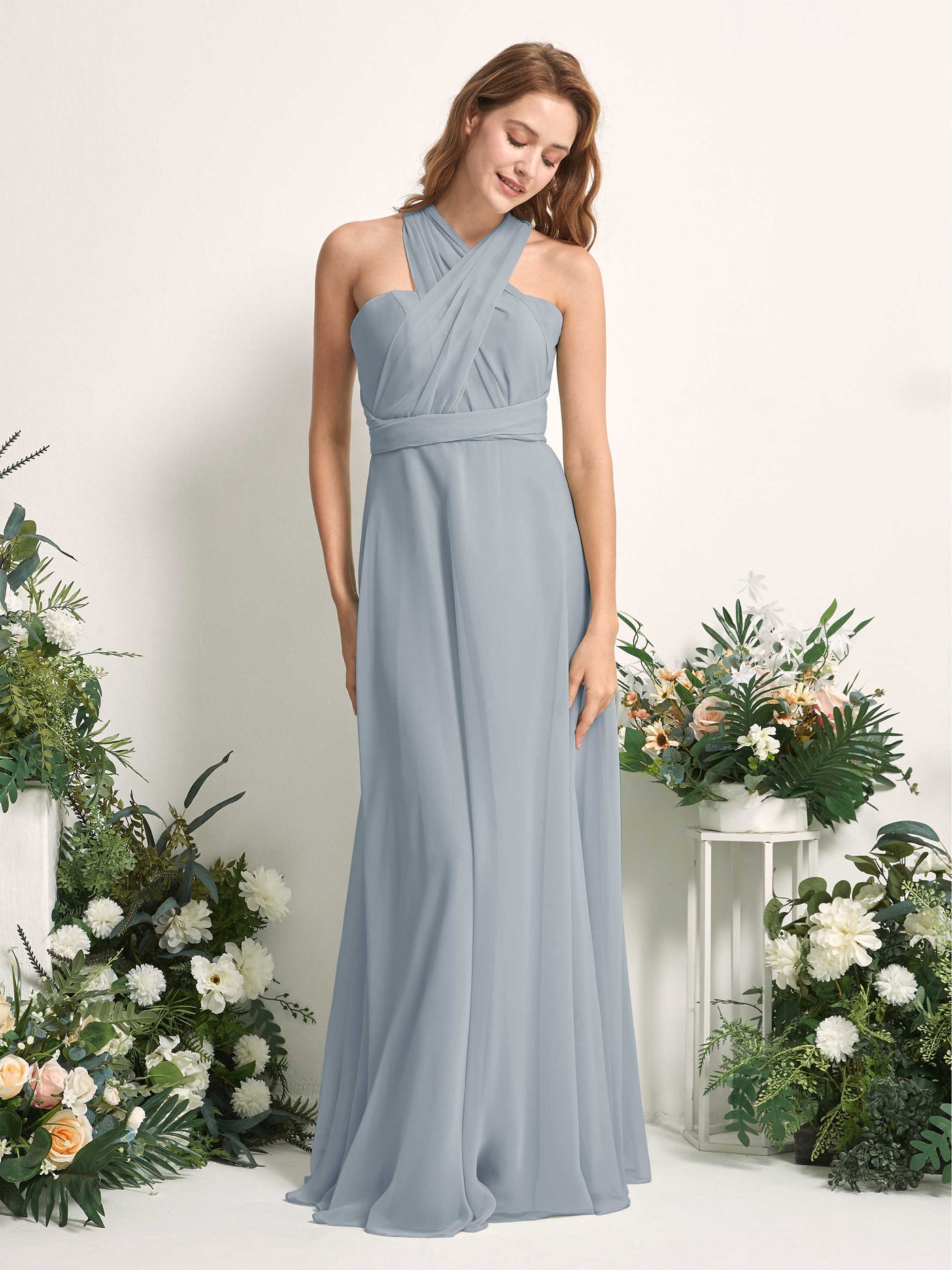 Carlyna Robe de demoiselle d'honneur Trapèze Col coeur Longueur ras du sol Bleu Poussiéreux Amélioré #couleur_bleu-poussi-reux-am-lior