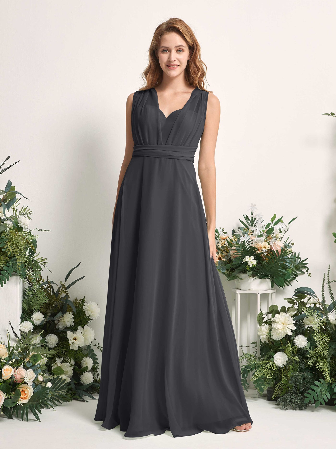 Carlyna Robe de demoiselle d'honneur Trapèze Col coeur Longueur ras du sol Étain #couleur_tain