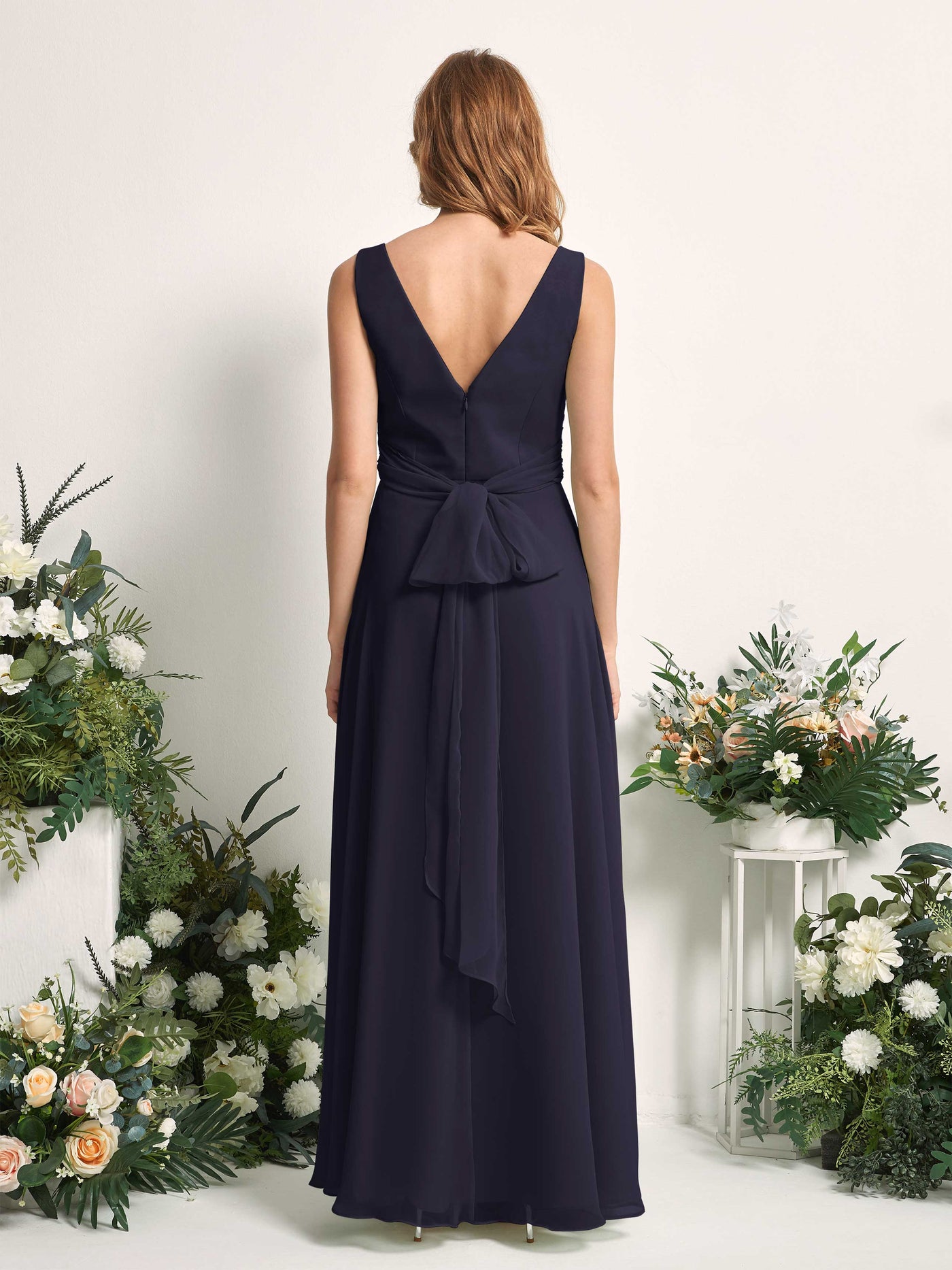 Carlyna Robe demoiselle d'honneur trapèze col V longueur ras du sol Bleu Marine Foncé #couleur_bleu-marine-fonc