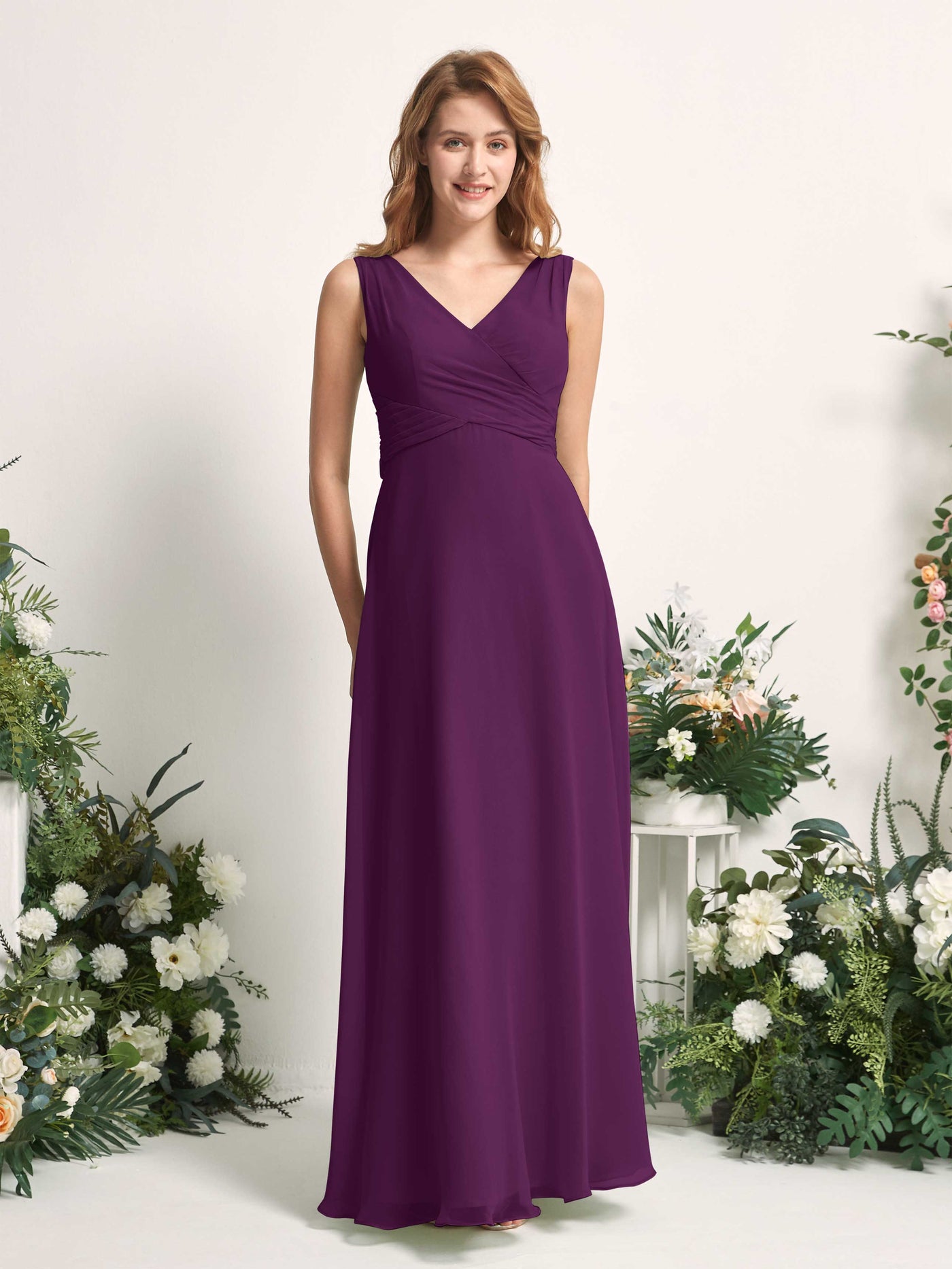 Carlyna Robe demoiselle d'honneur trapèze col V longueur ras du sol Pourpre #couleur_pourpre