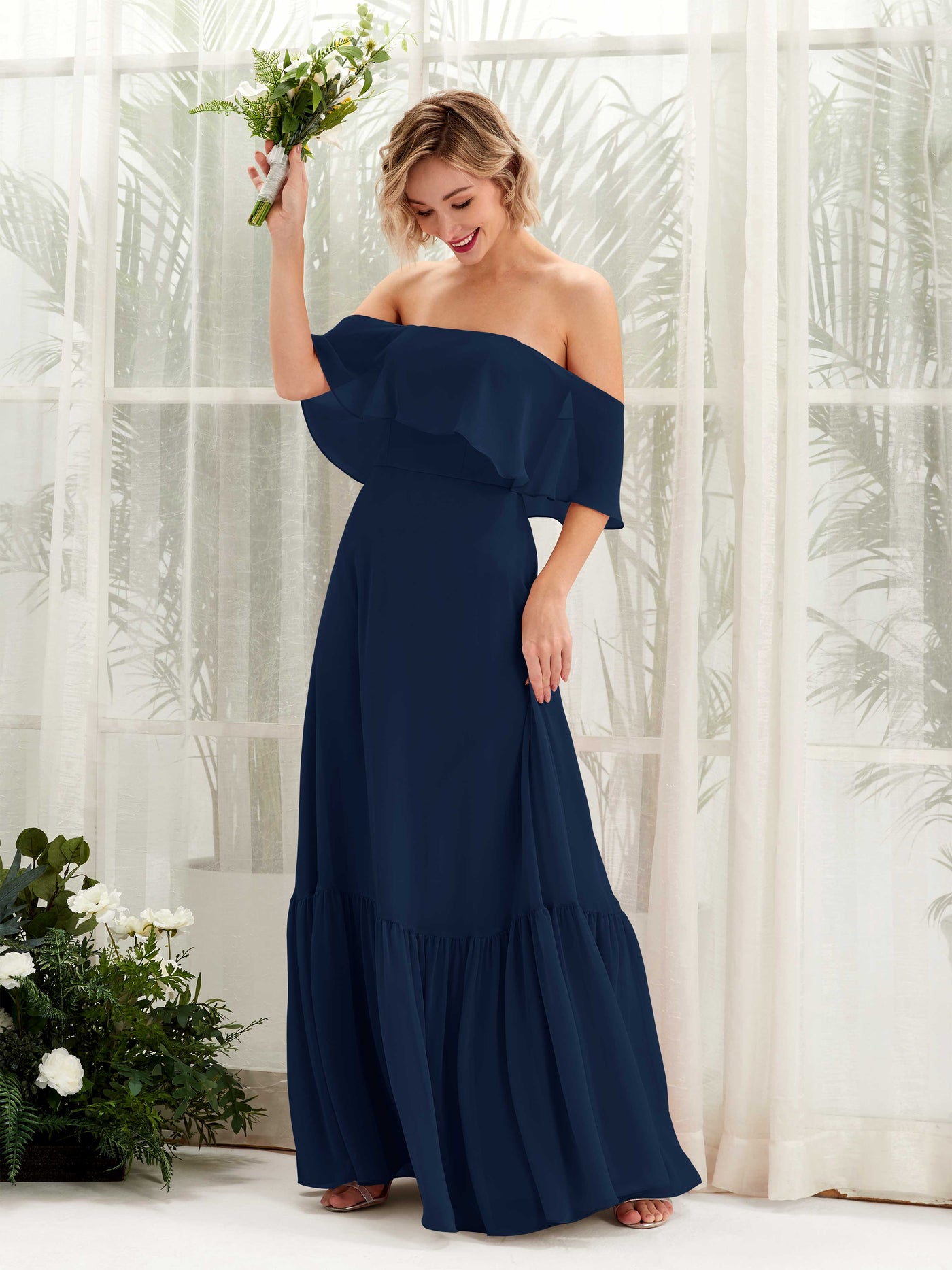 Carlyna Robe demoiselle d'honneur Trapèze Épaule Dénudée Longueur ras du sol Mousseline Bleu Marine #couleur_bleu-marine
