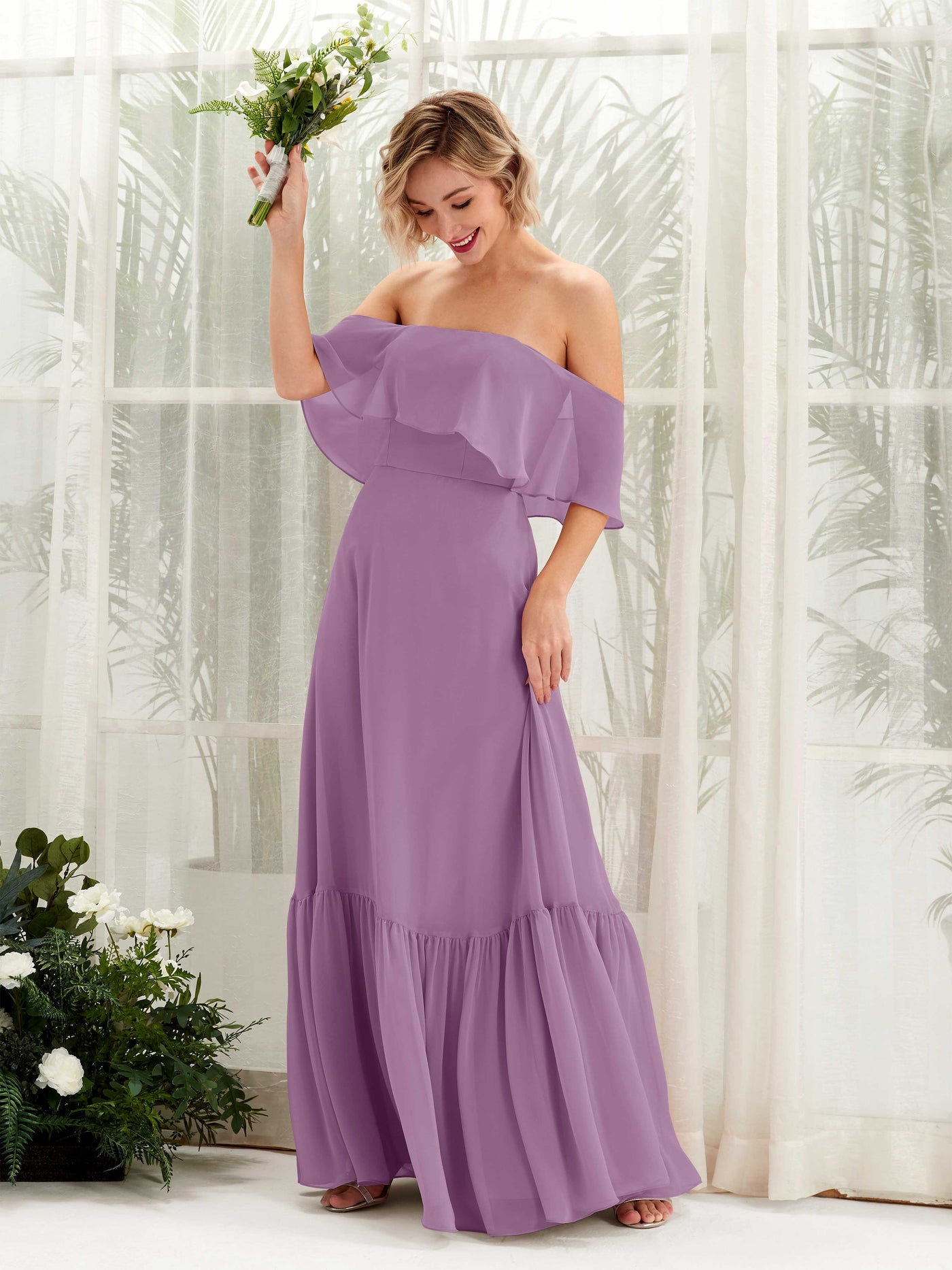 Carlyna Robe demoiselle d'honneur Trapèze Épaule Dénudée Longueur ras du sol Mousseline Brume Orchidée #couleur_brume-orchid-e