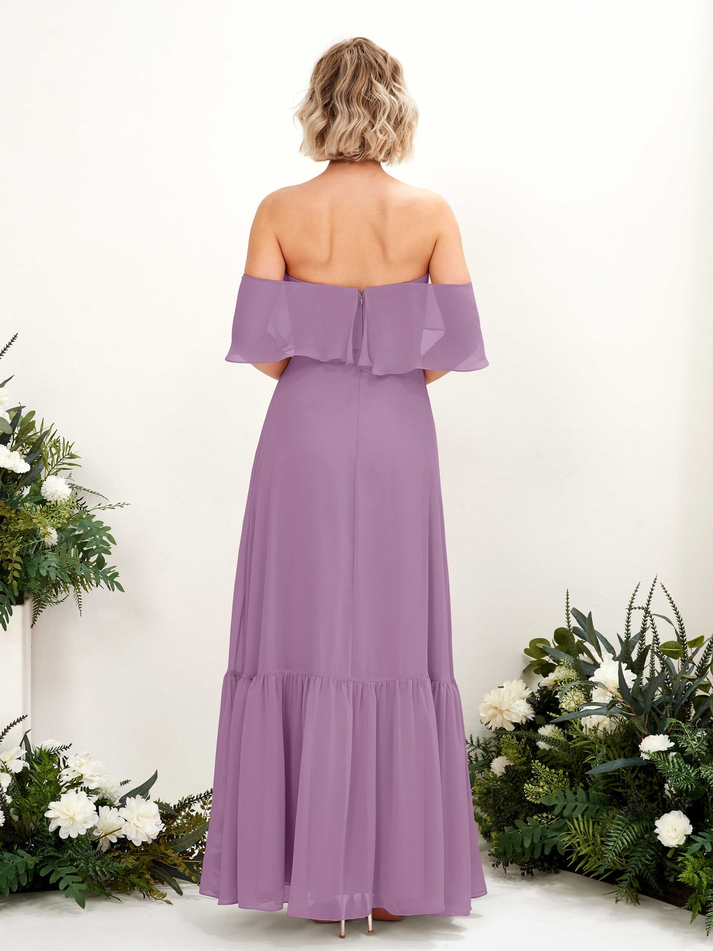 Carlyna Robe demoiselle d'honneur Trapèze Épaule Dénudée Longueur ras du sol Mousseline Brume Orchidée #couleur_brume-orchid-e
