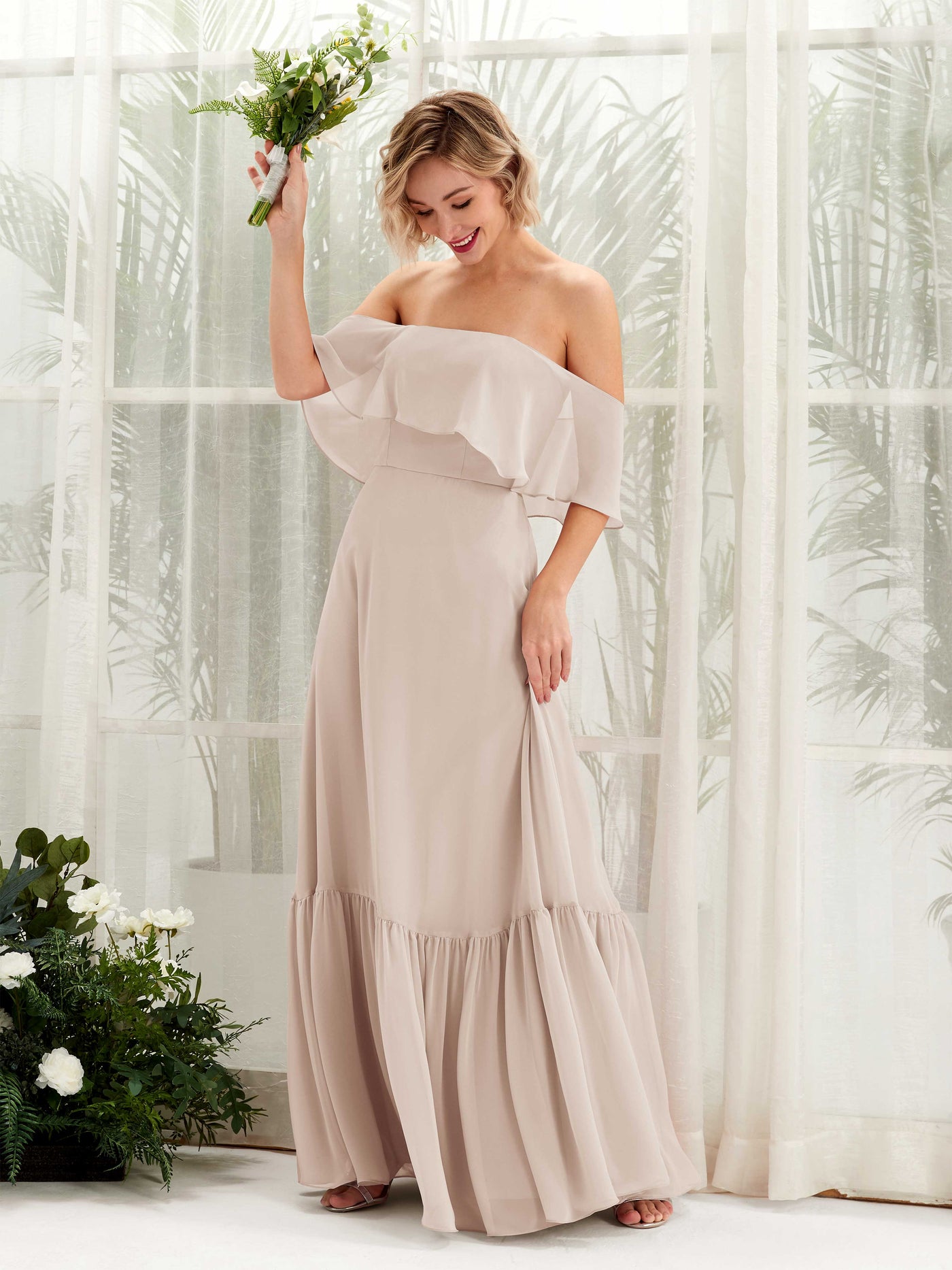 Carlyna Robe demoiselle d'honneur Trapèze Épaule Dénudée Longueur ras du sol Mousseline Champagne #couleur_champagne