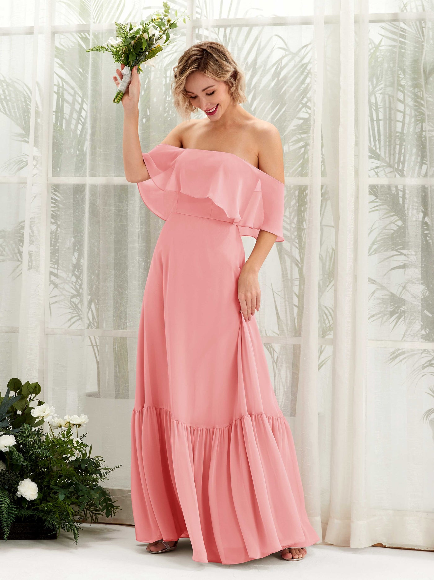 Carlyna Robe demoiselle d'honneur Trapèze Épaule Dénudée Longueur ras du sol Mousseline Rose Ballet #couleur_rose-ballet