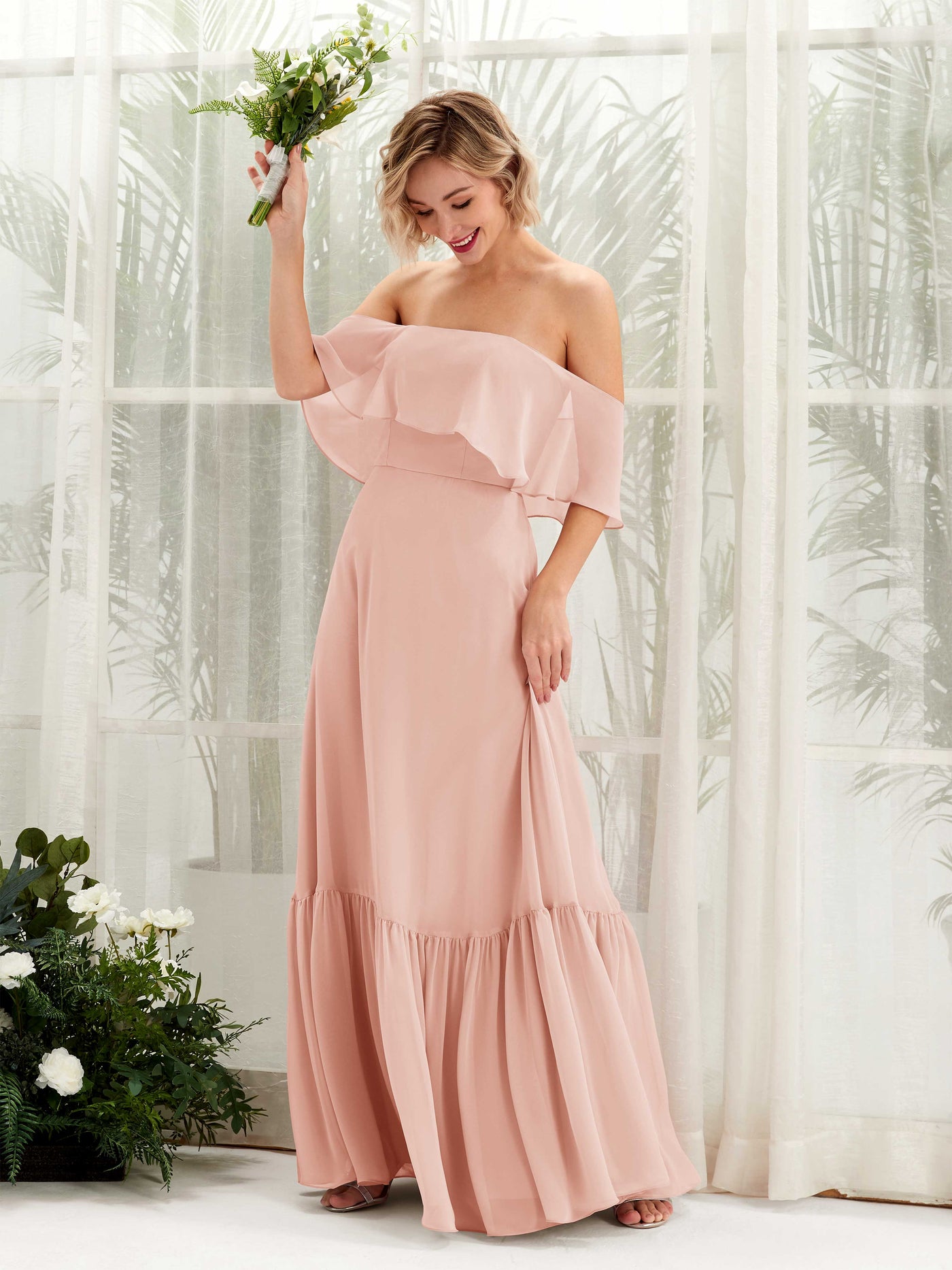 Carlyna Robe demoiselle d'honneur Trapèze Épaule Dénudée Longueur ras du sol Mousseline Rose Perle #couleur_rose-perle
