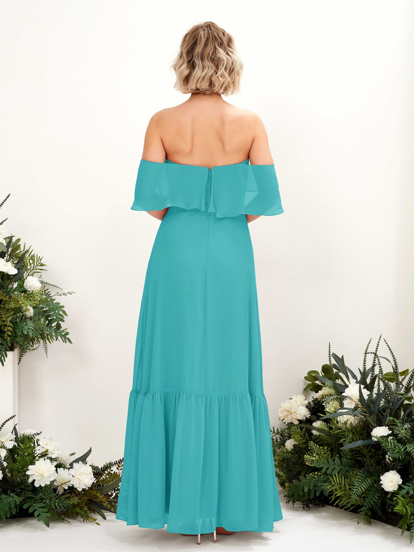 Carlyna Robe demoiselle d'honneur Trapèze Épaule Dénudée Longueur ras du sol Mousseline Turquoise #couleur_turquoise