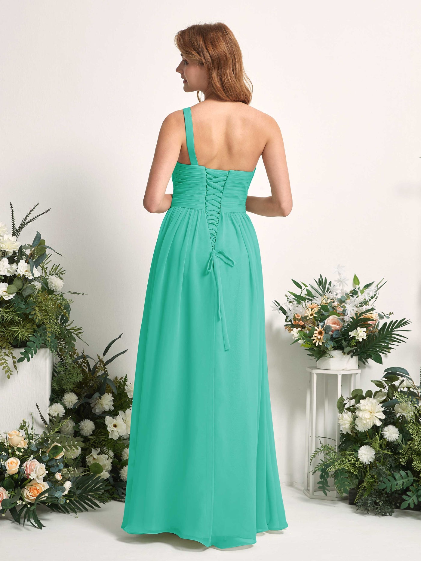 Carlyna Robe Trapèze Asymétrique Longueur ras du sol Mousseline Demoiselle d'honneur Bleu Tiffany #couleur_bleu-tiffany