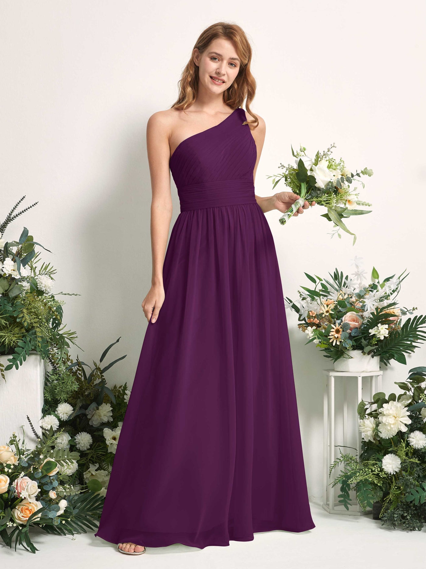 Carlyna Robe Trapèze Asymétrique Longueur ras du sol Mousseline Demoiselle d'honneur Pourpre #couleur_pourpre