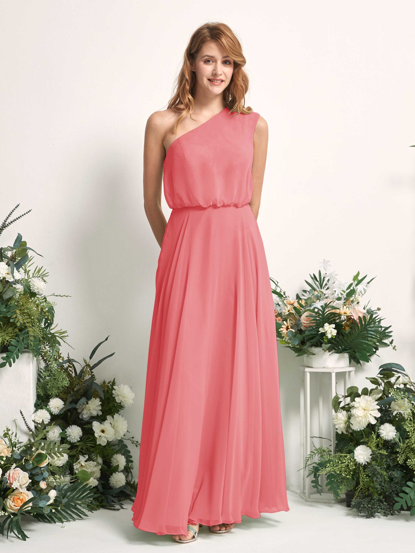 Carlyna Robe Trapèze Asymétrique Longueur Sol Robes de Demoiselle d'Honneur Rose Corail #couleur_rose-corail