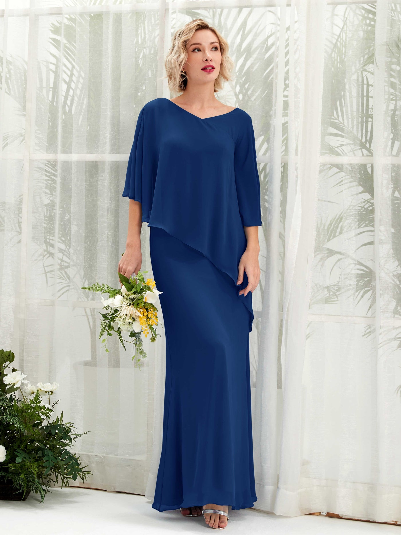 Carlyna Robe trapèze asymétrique manches cape demoiselle d'honneur Bleu Roi #couleur_bleu-roi