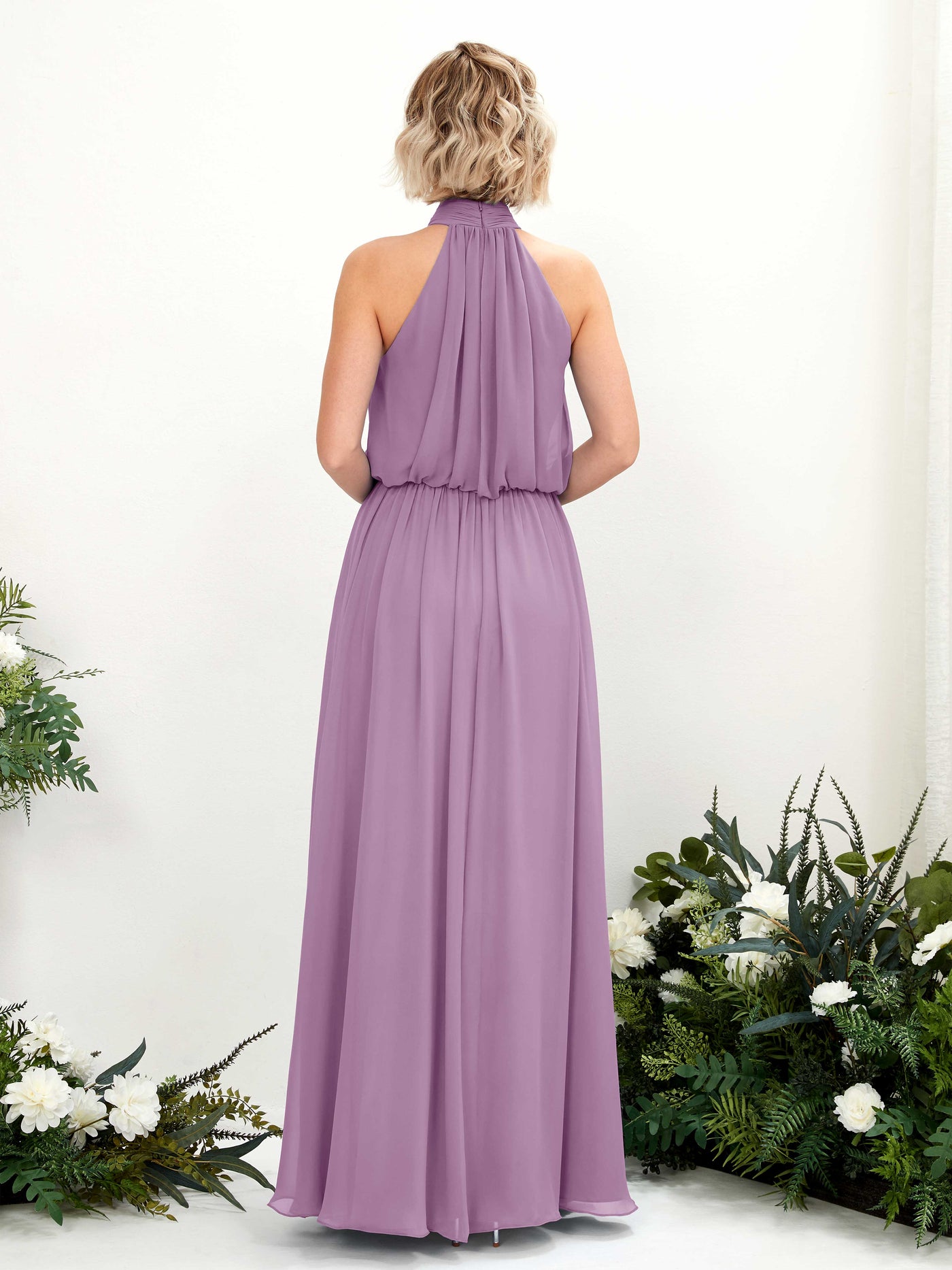 Carlyna Robe trapèze avec col rond longueur ras du sol en mousseline robes de demoiselle d'honneur Brume Orchidée #couleur_brume-orchid-e