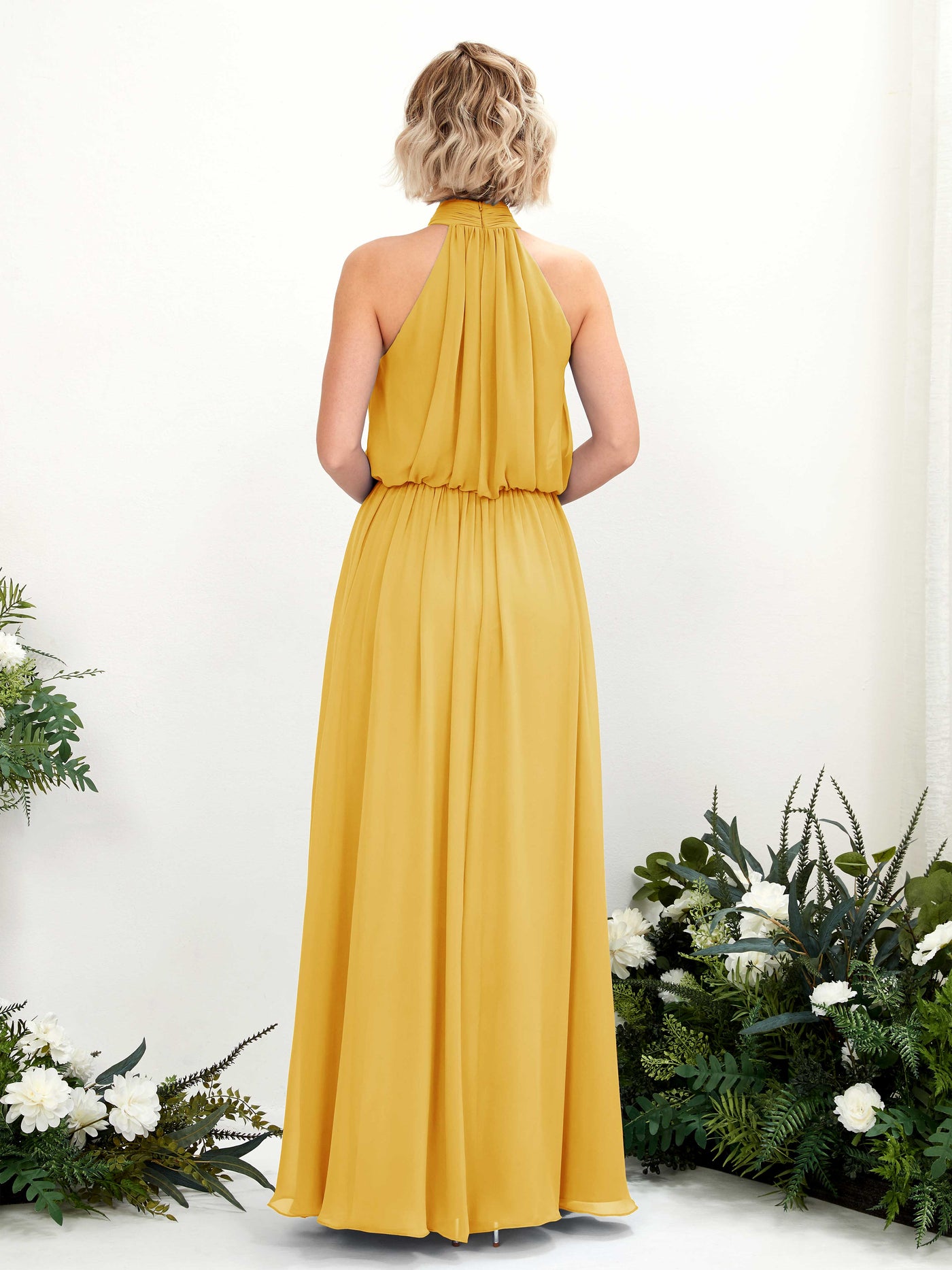 Carlyna Robe trapèze avec col rond longueur ras du sol en mousseline robes de demoiselle d'honneur Jaune Moutard #couleur_jaune-moutard