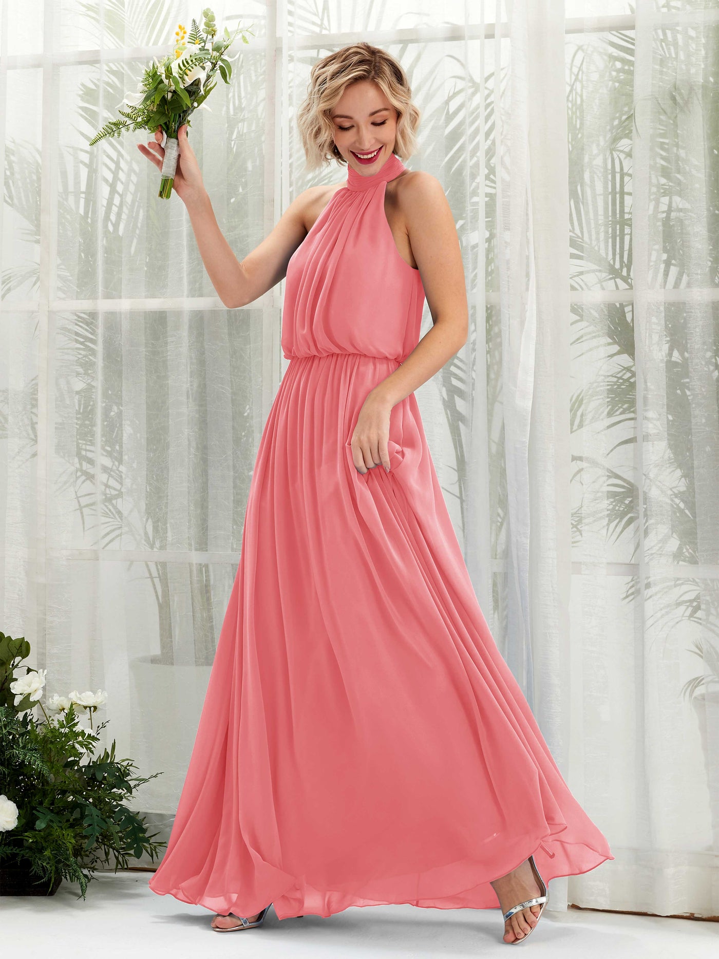 Carlyna Robe trapèze avec col rond longueur ras du sol en mousseline robes de demoiselle d'honneur Rose Corail #couleur_rose-corail