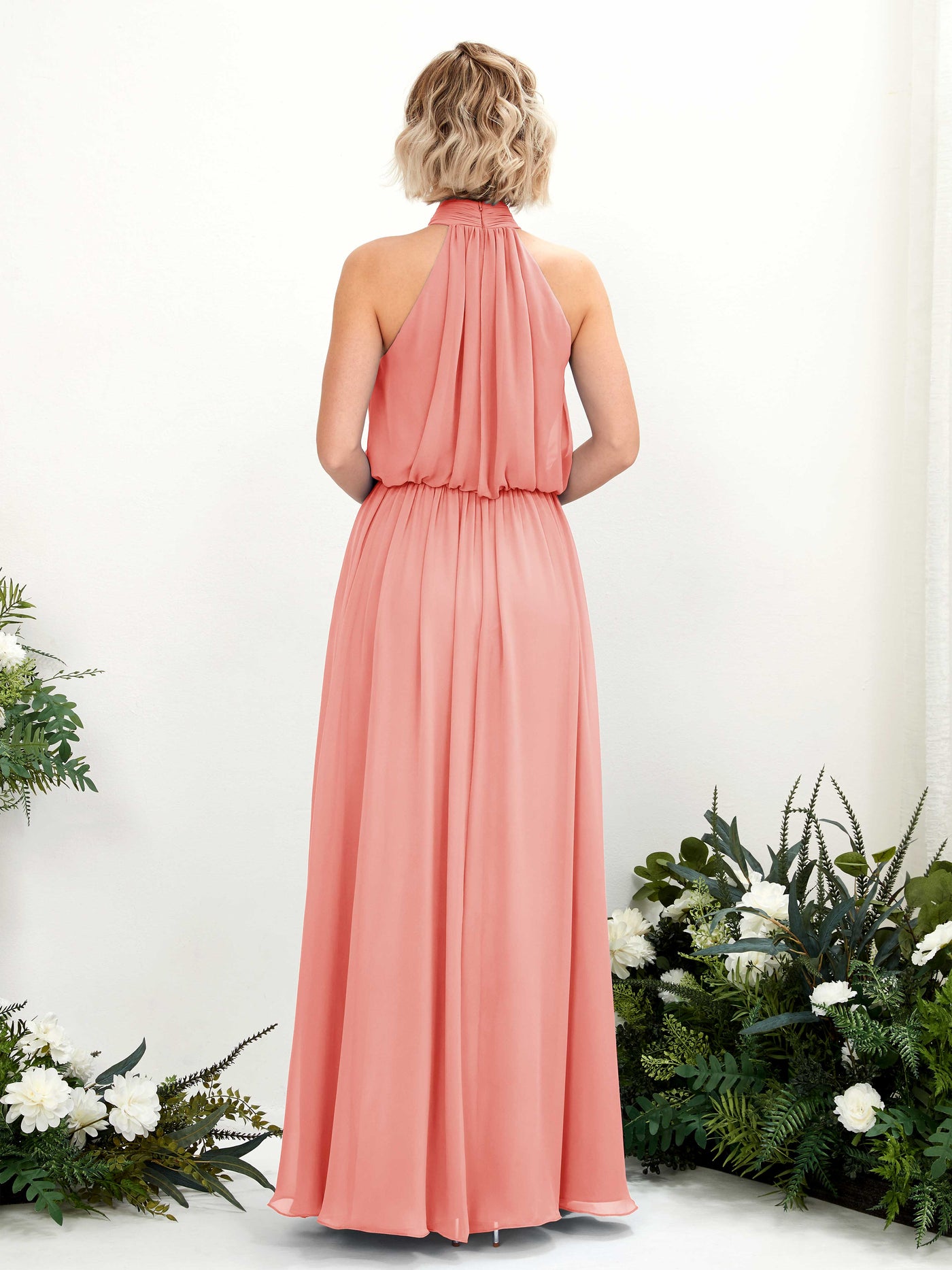 Carlyna Robe trapèze avec col rond longueur ras du sol en mousseline robes de demoiselle d'honneur Rose Pêche #couleur_rose-p-che